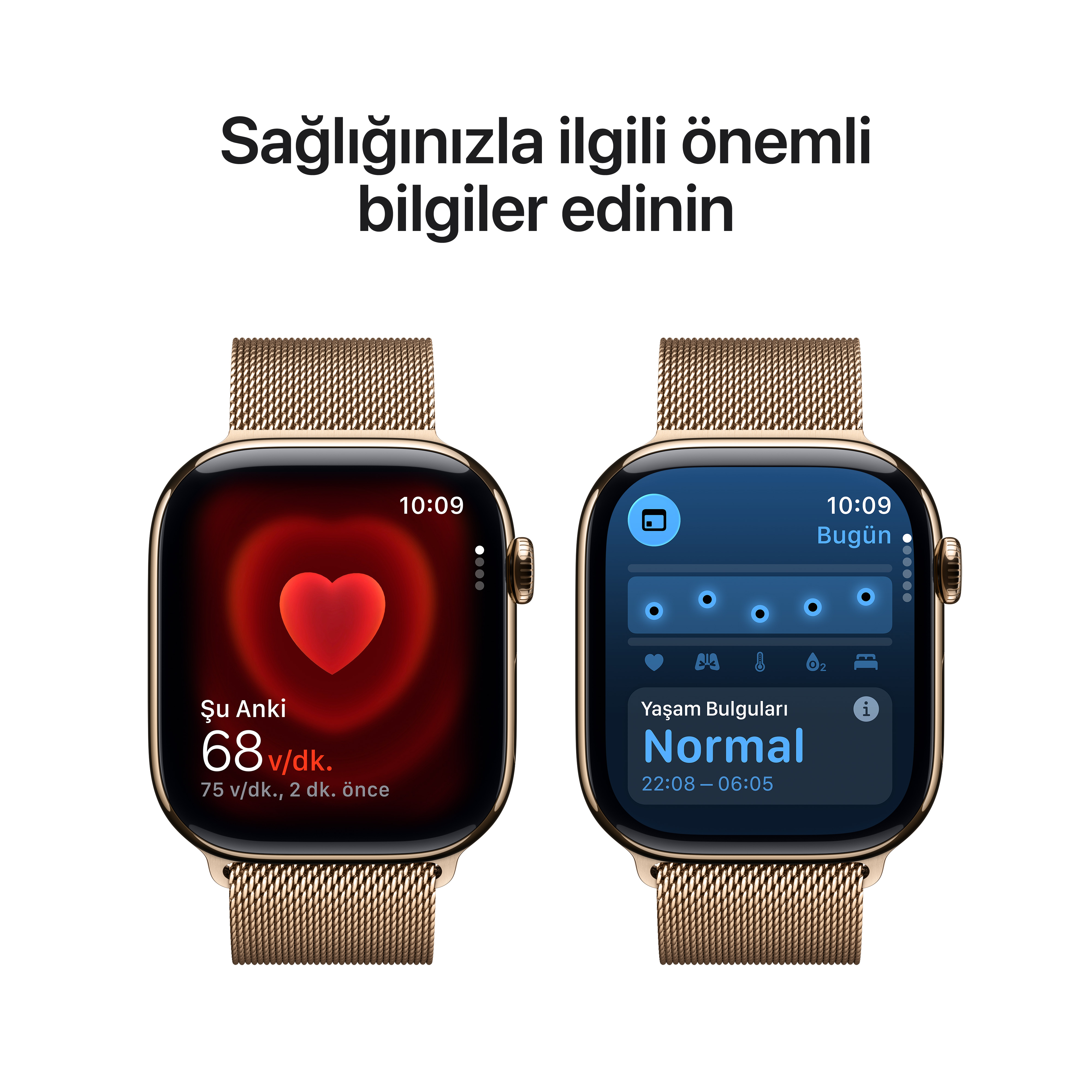 İki akıllı saat sağlık verilerini gösteriyor. Biri kalp atış hızını, diğeri yaşam belirtilerini gösteriyor.
