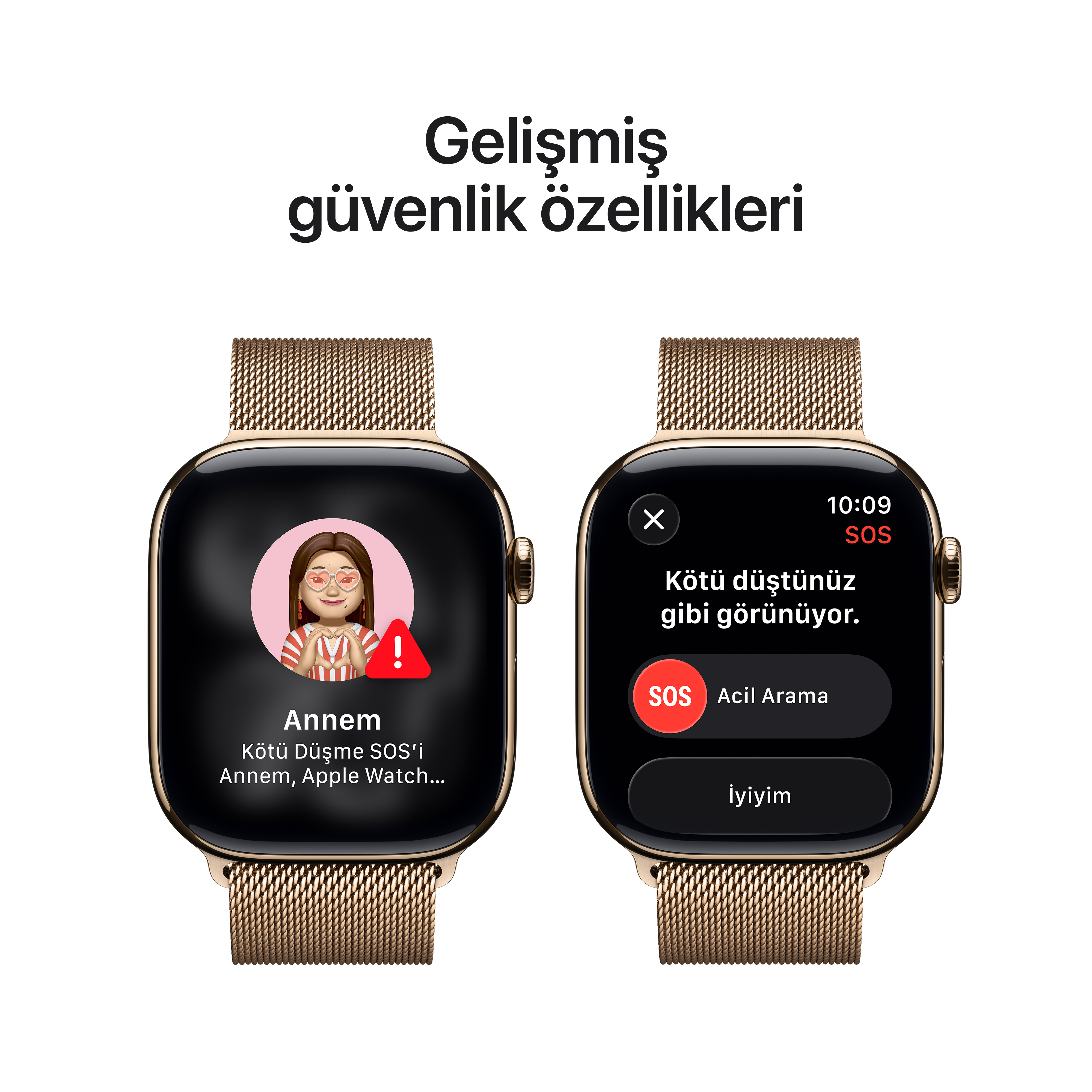 İki Apple Watch, SOS uyarıları gösteriyor. Biri bir kişi resmi, diğeri SOS seçenekleri gösteriyor: ara veya onayla.