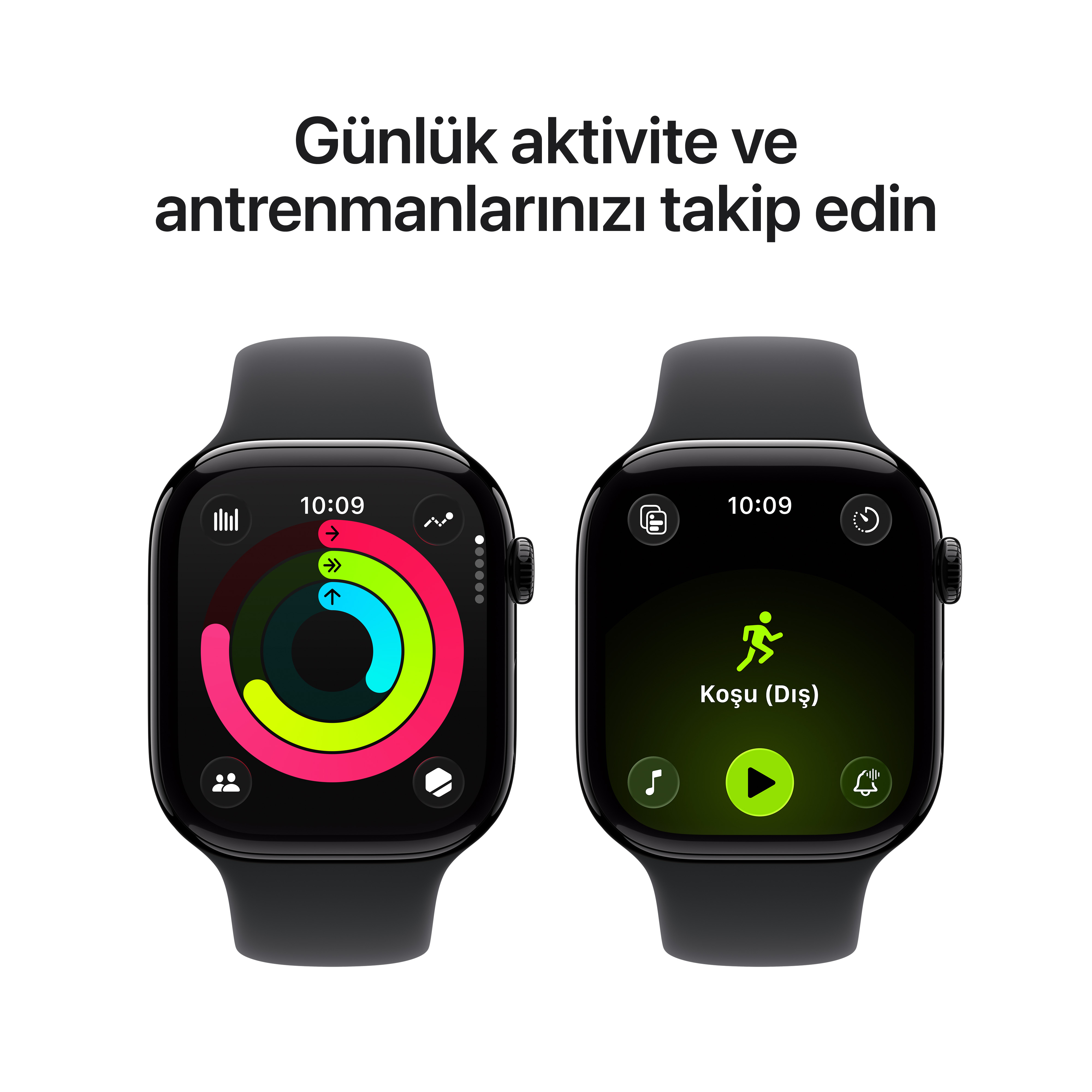 Yan yana iki siyah akıllı saat. Solda aktivite halkaları, sağda koşu simgesi gösteriliyor.