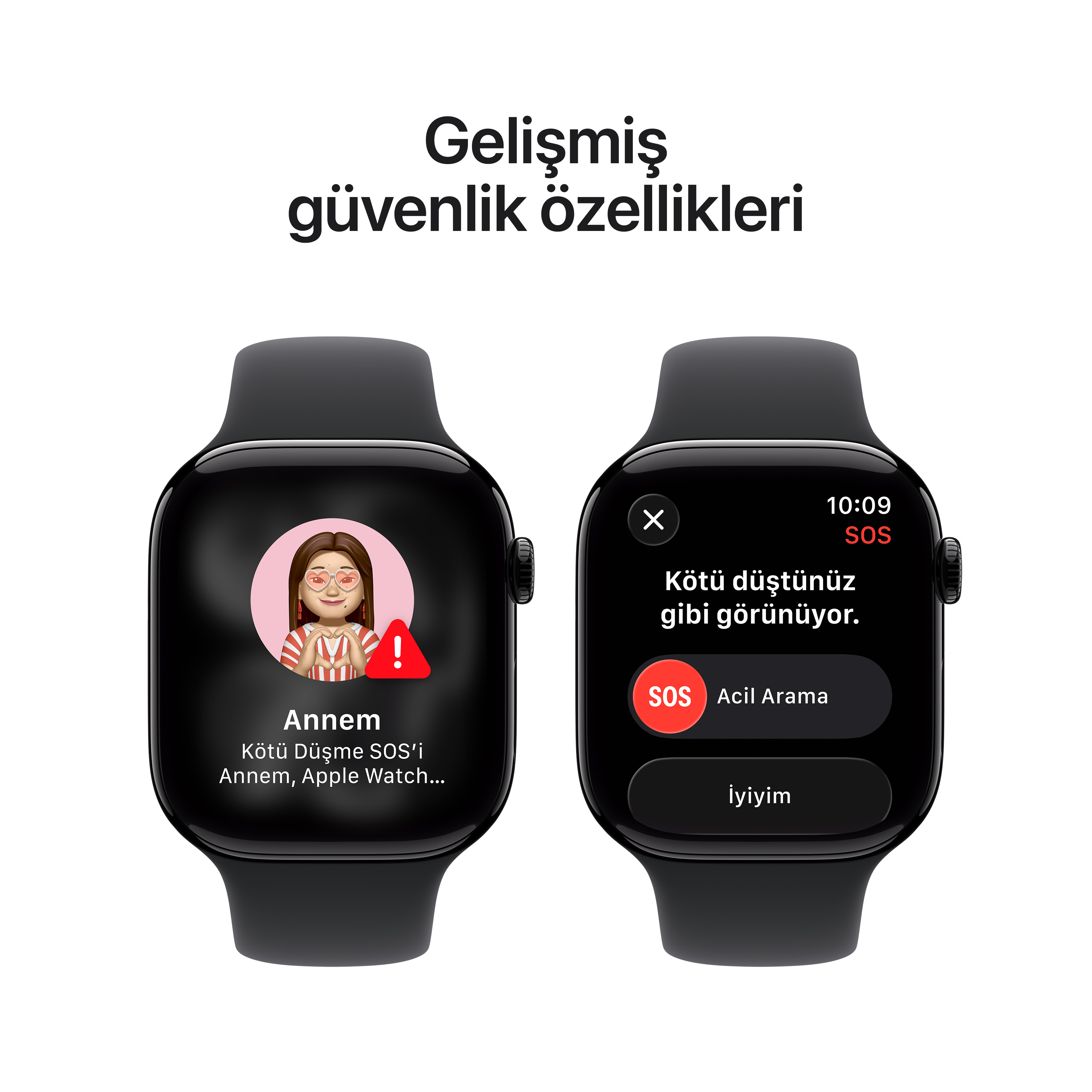 İki Apple Watch, güvenlik özelliklerini gösteriyor. Biri düşme uyarısı ve SOS, diğeri ise bir kişi ve ünlem işareti gösteriyor.