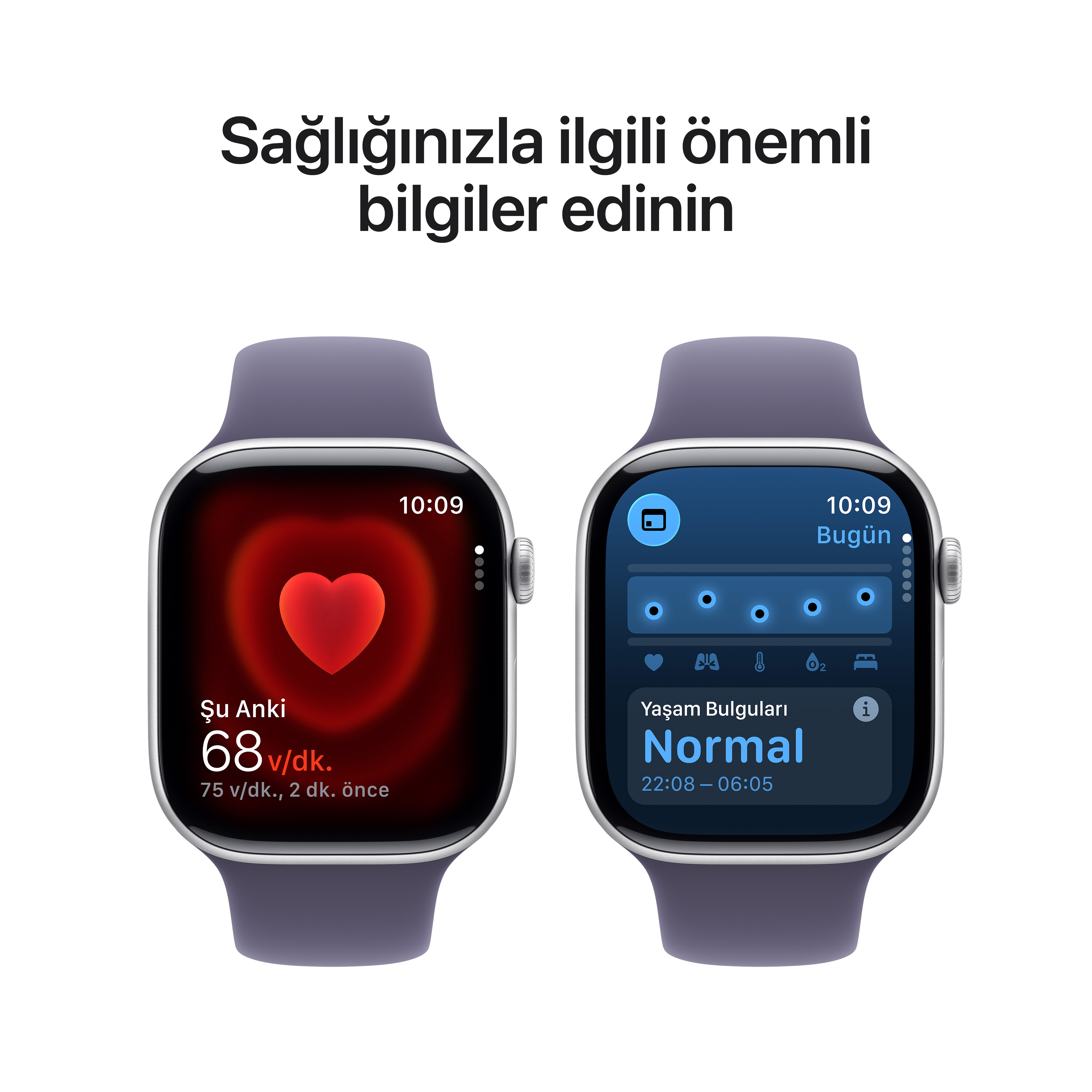 İki akıllı saat sağlık verilerini gösteriyor. Biri kalp atış hızını, diğeri hayati belirtileri gösteriyor.