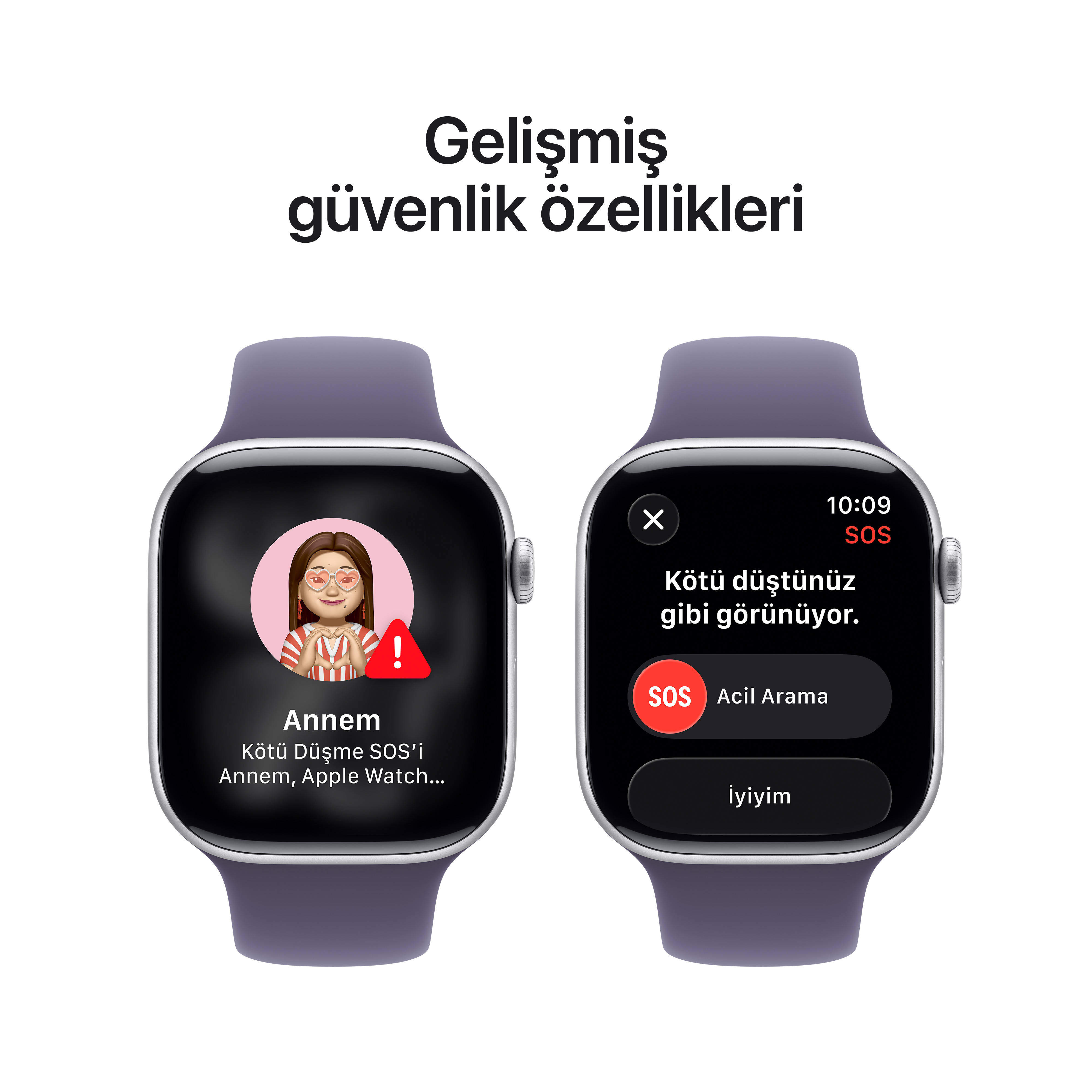 İki akıllı saat SOS uyarıları gösteriyor. Birinde çizgi film resmi, diğerinde acil arama seçenekleri var.