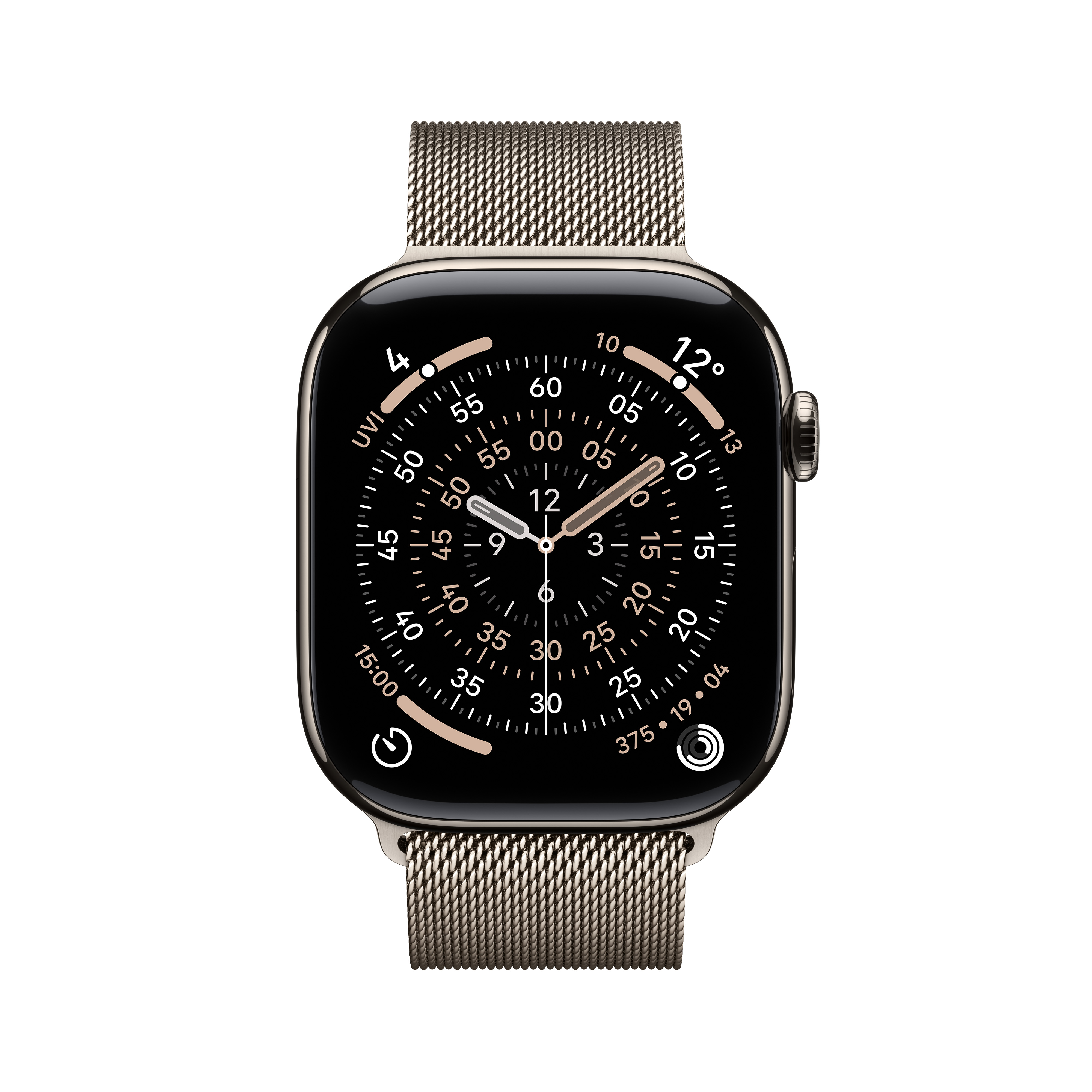 Altın rengi bir Apple Watch, örgü kayışıyla zamanı gösteriyor. Saat kadranı siyah, beyaz ve altın detaylara sahip.