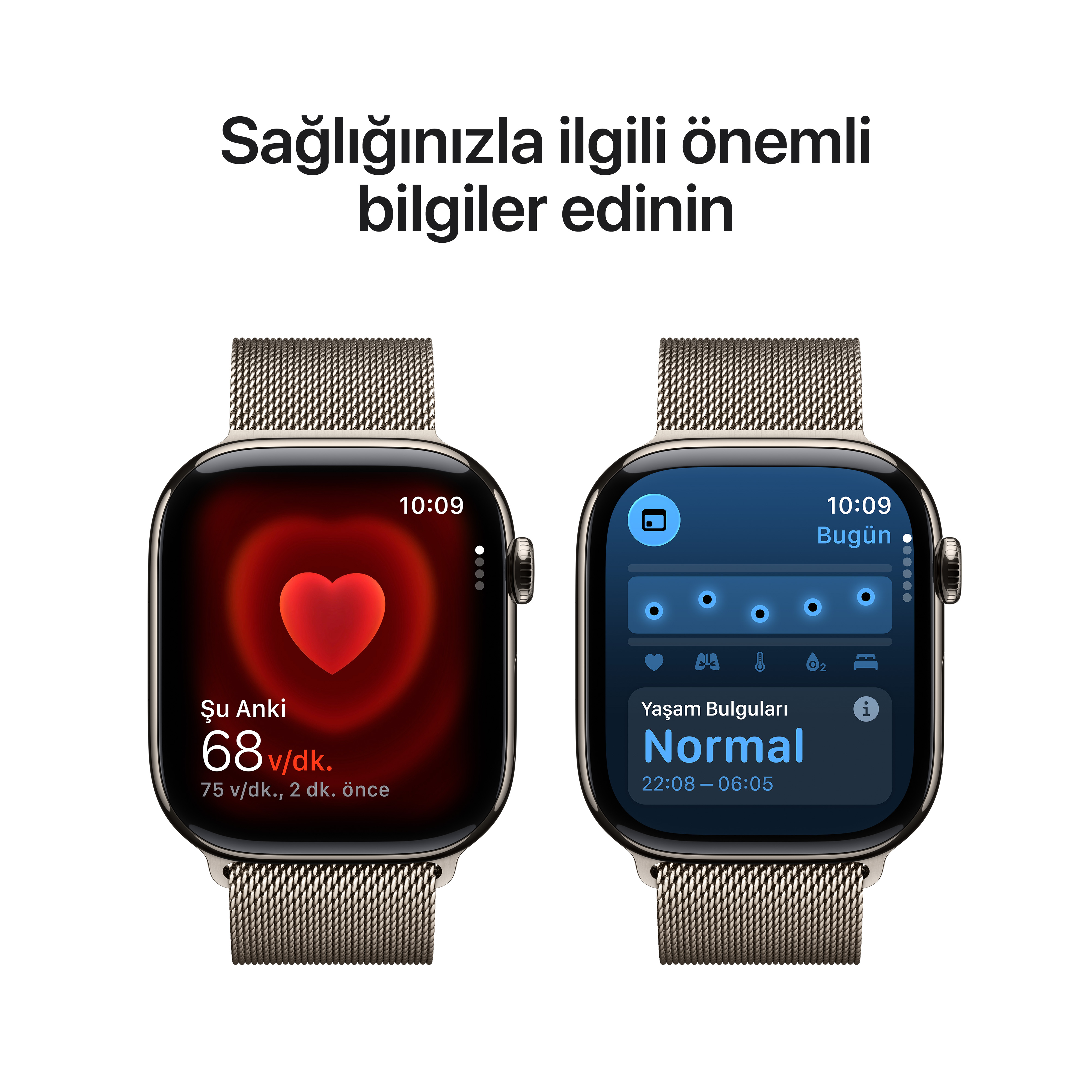 İki akıllı saat sağlık verilerini gösteriyor. Biri 68 bpm, diğeri normal yaşam belirtilerini gösteriyor.