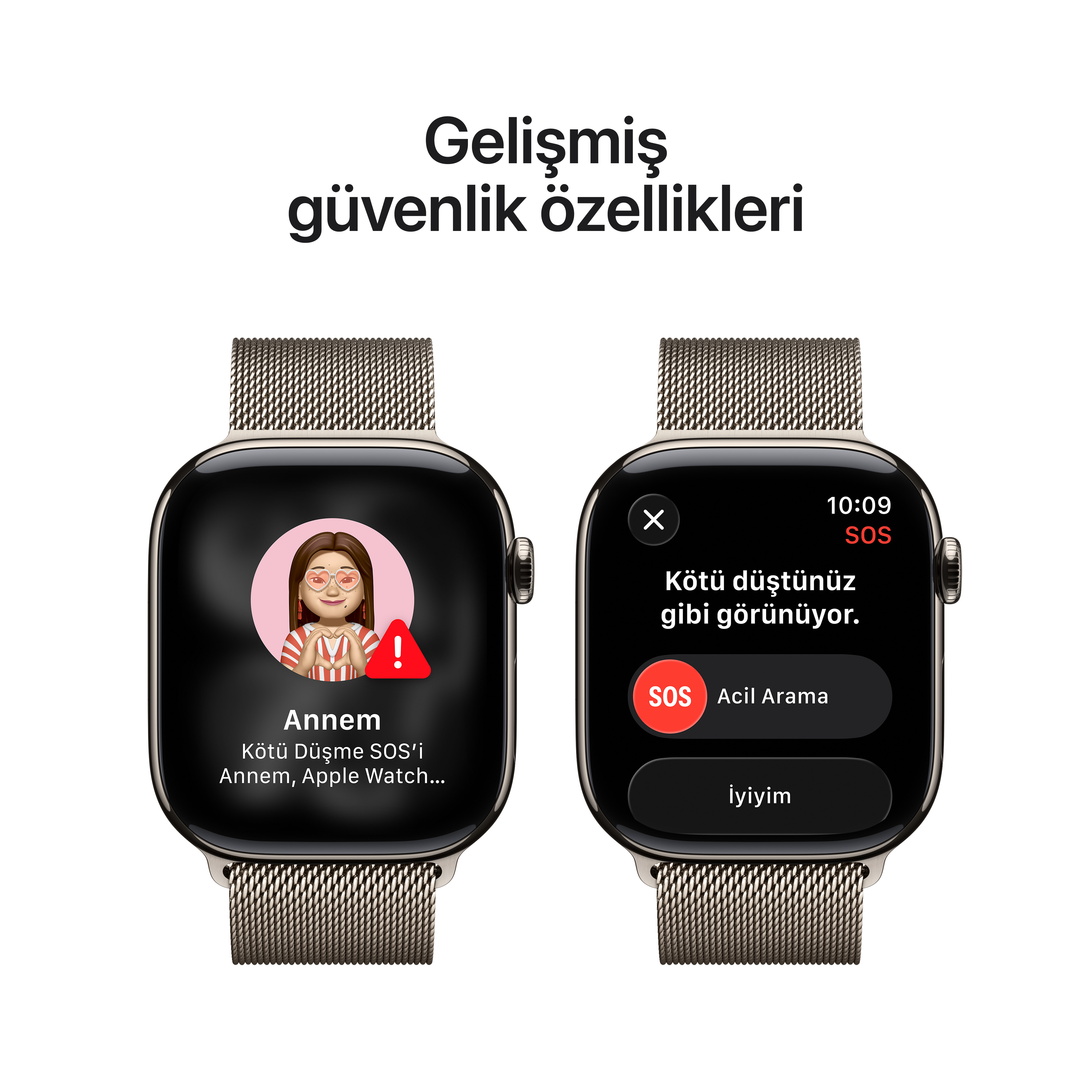İki akıllı saatte SOS uyarıları gösteriliyor. Biri 'Annem'i arıyor, diğeri 'Kötü düştünüz gibi görünüyor' diyor.