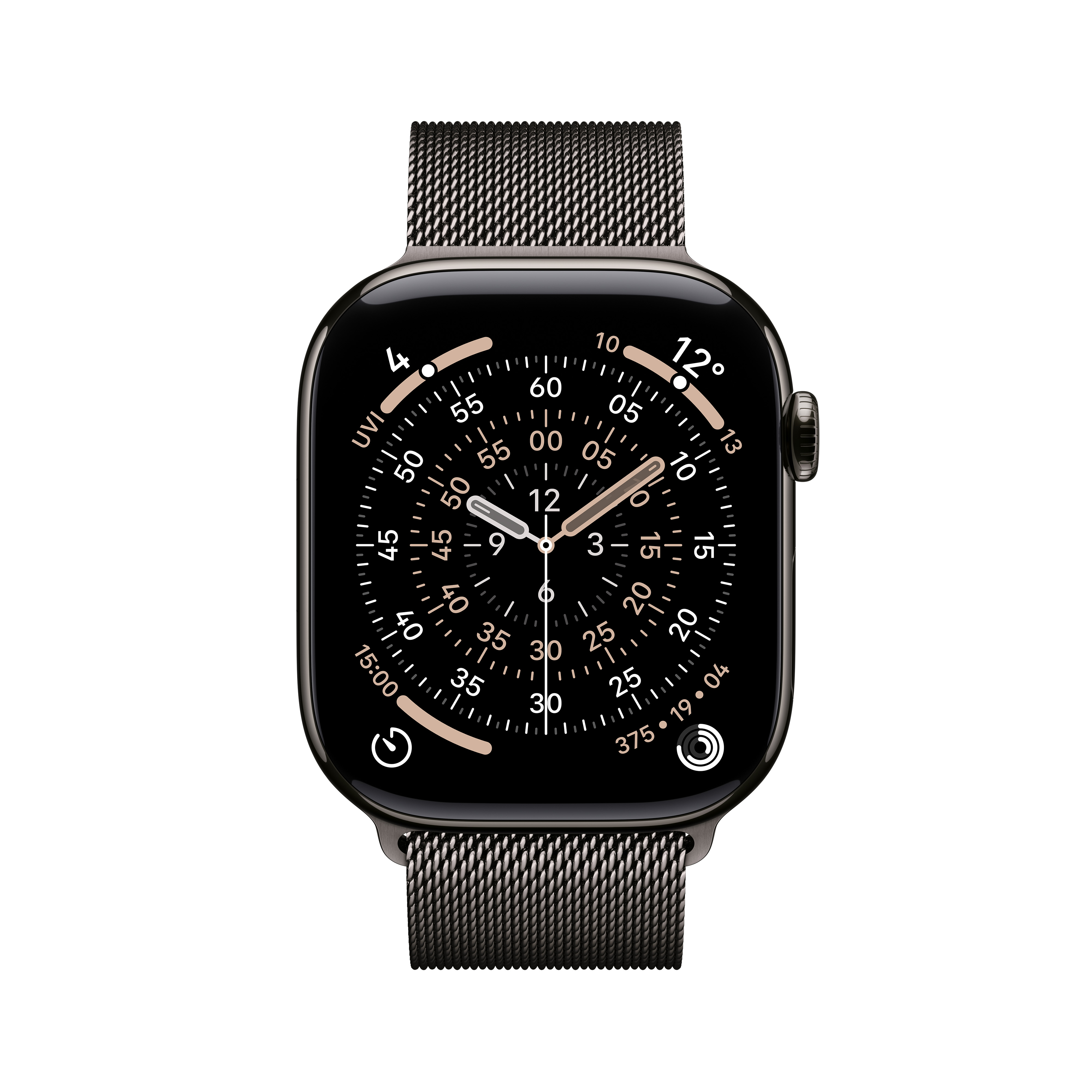 Siyah metalik kayışlı siyah Apple Watch. Saat kadranı zamanı ve diğer verileri gösterir.