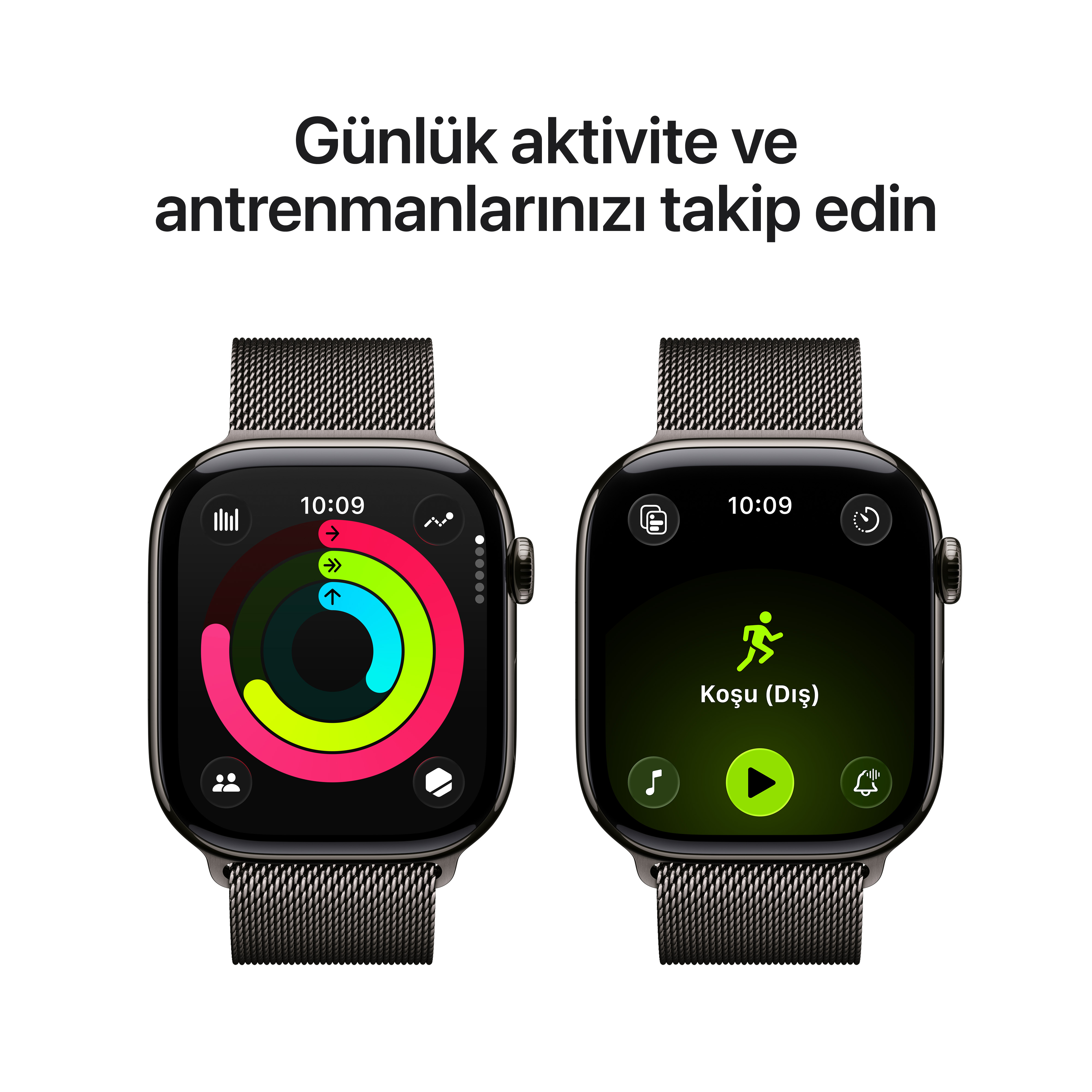 İki akıllı saat, aktivite takibi ve egzersiz seçeneklerini gösteriyor. Biri aktivite halkalarını, diğeri koşu detaylarını gösteriyor.