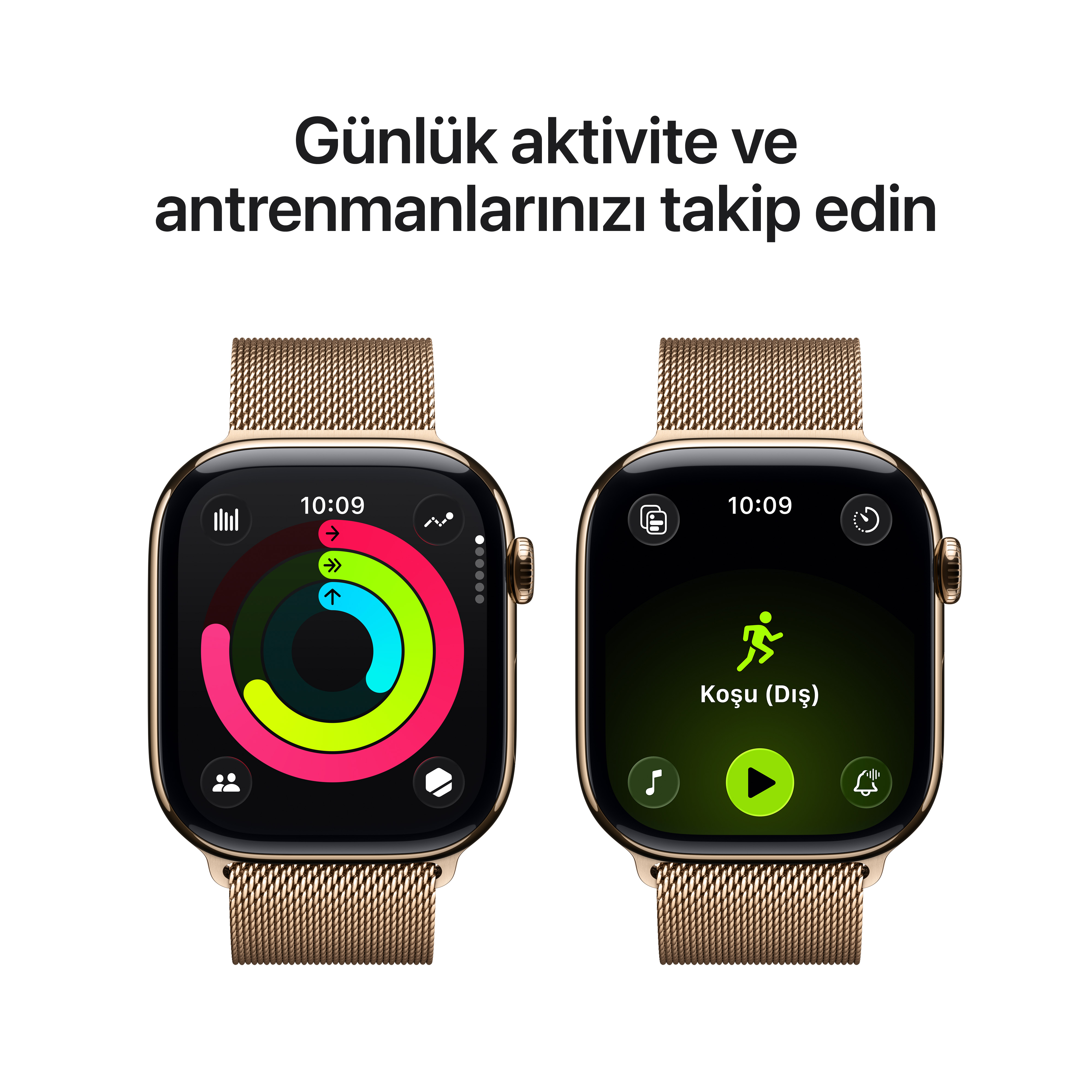 İki Apple Watch, aktivite halkalarını ve egzersiz takibini gösteriyor. Altın kasalar ve hasır kayışlar. Türkçe metin.