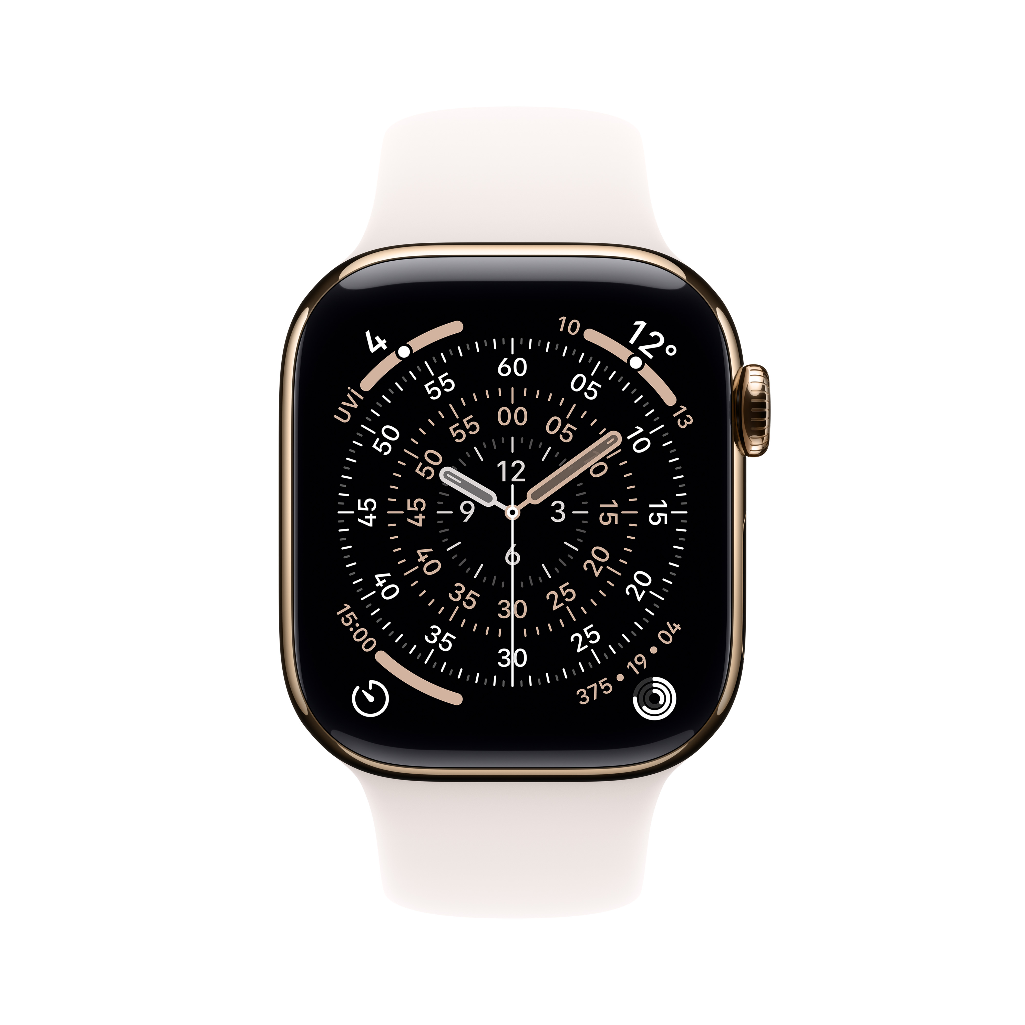 Siyah kadranlı, saati gösteren altın rengi bir Apple Watch. Beyaz bir kayışa sahip.
