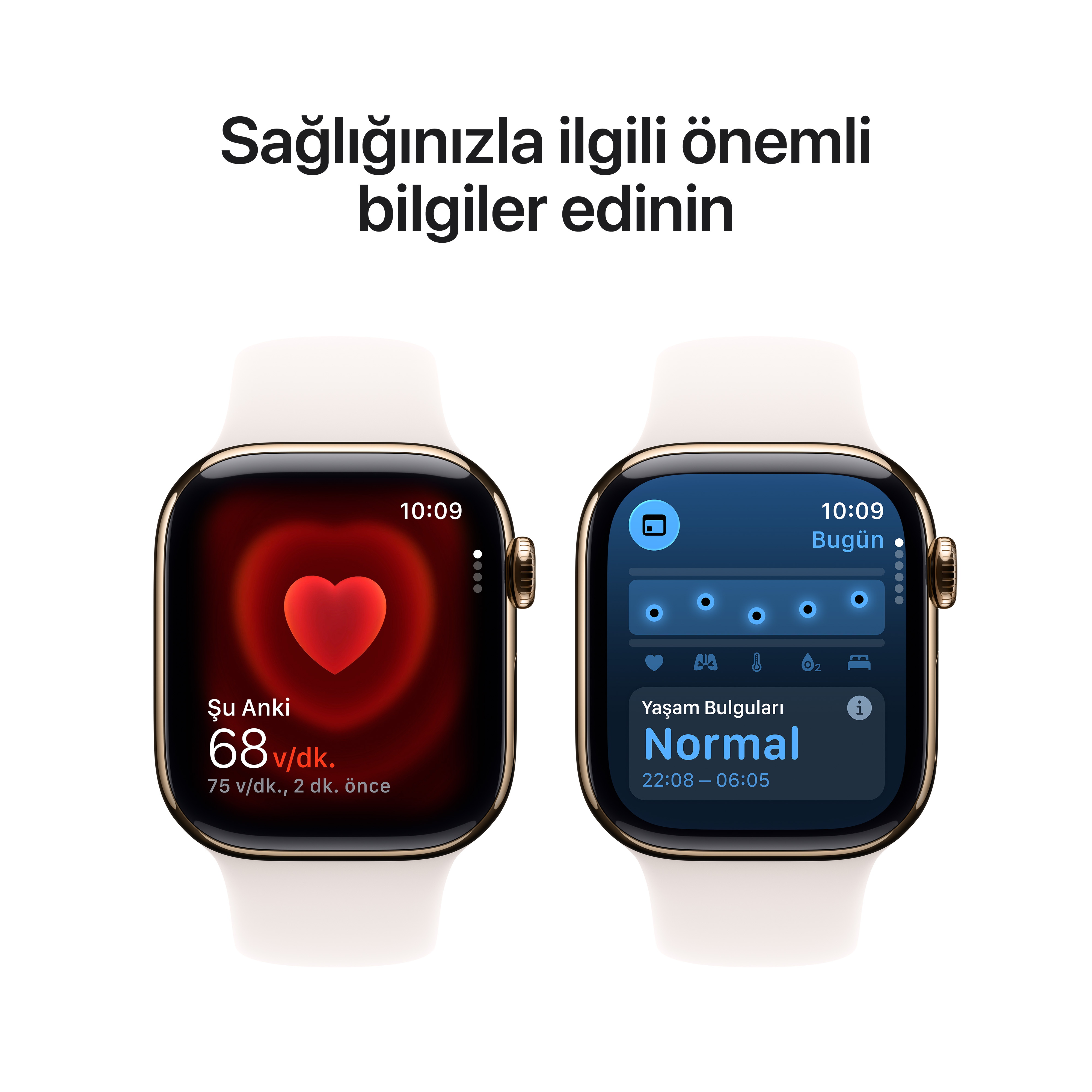 İki akıllı saat sağlık verilerini gösteriyor. Biri kalp atış hızını, diğeri yaşam tarzı ölçümlerini gösteriyor. Arka plan beyaz.