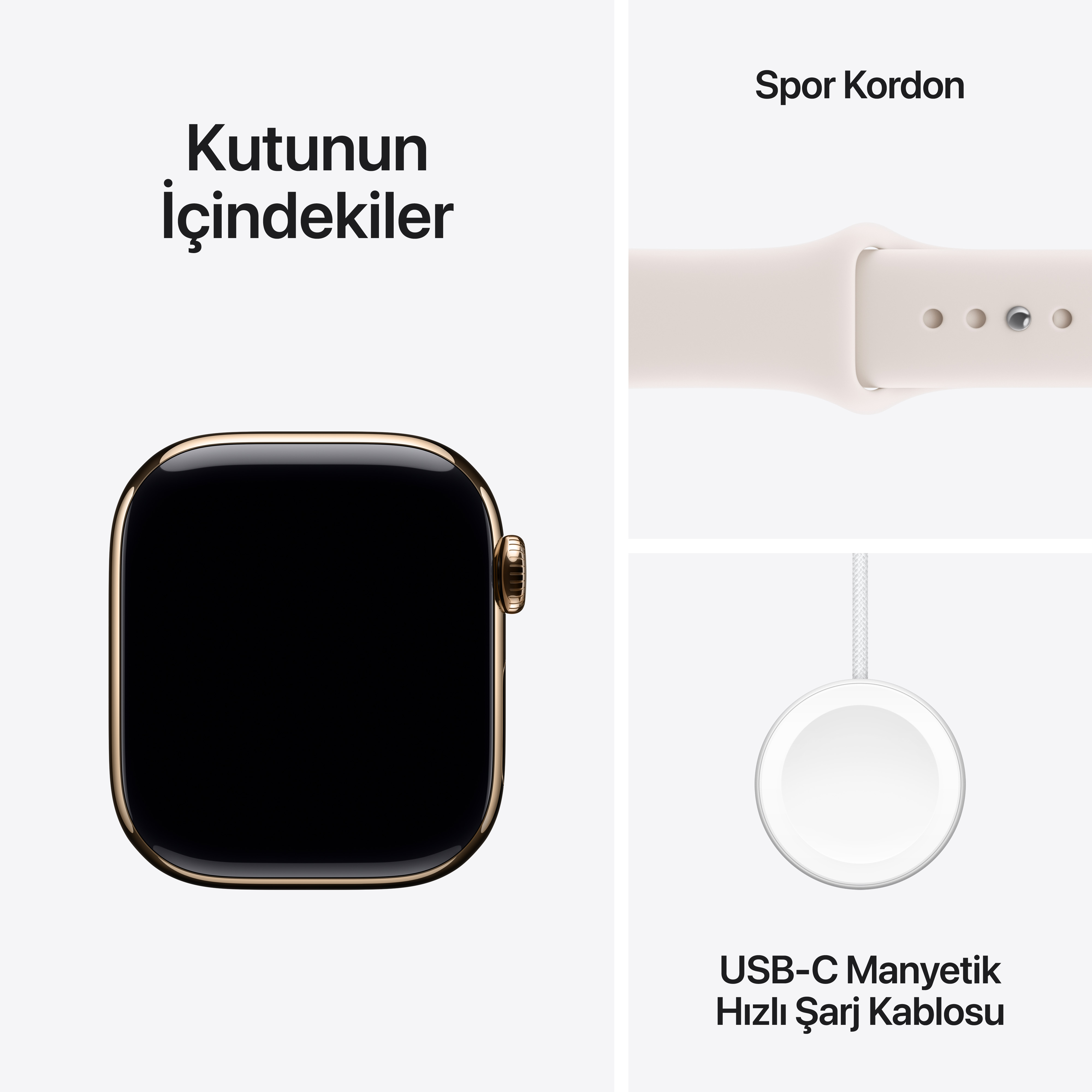 Görselde: altın renkli Apple Watch, krem spor kordon ve beyaz manyetik USB-C şarj cihazı.