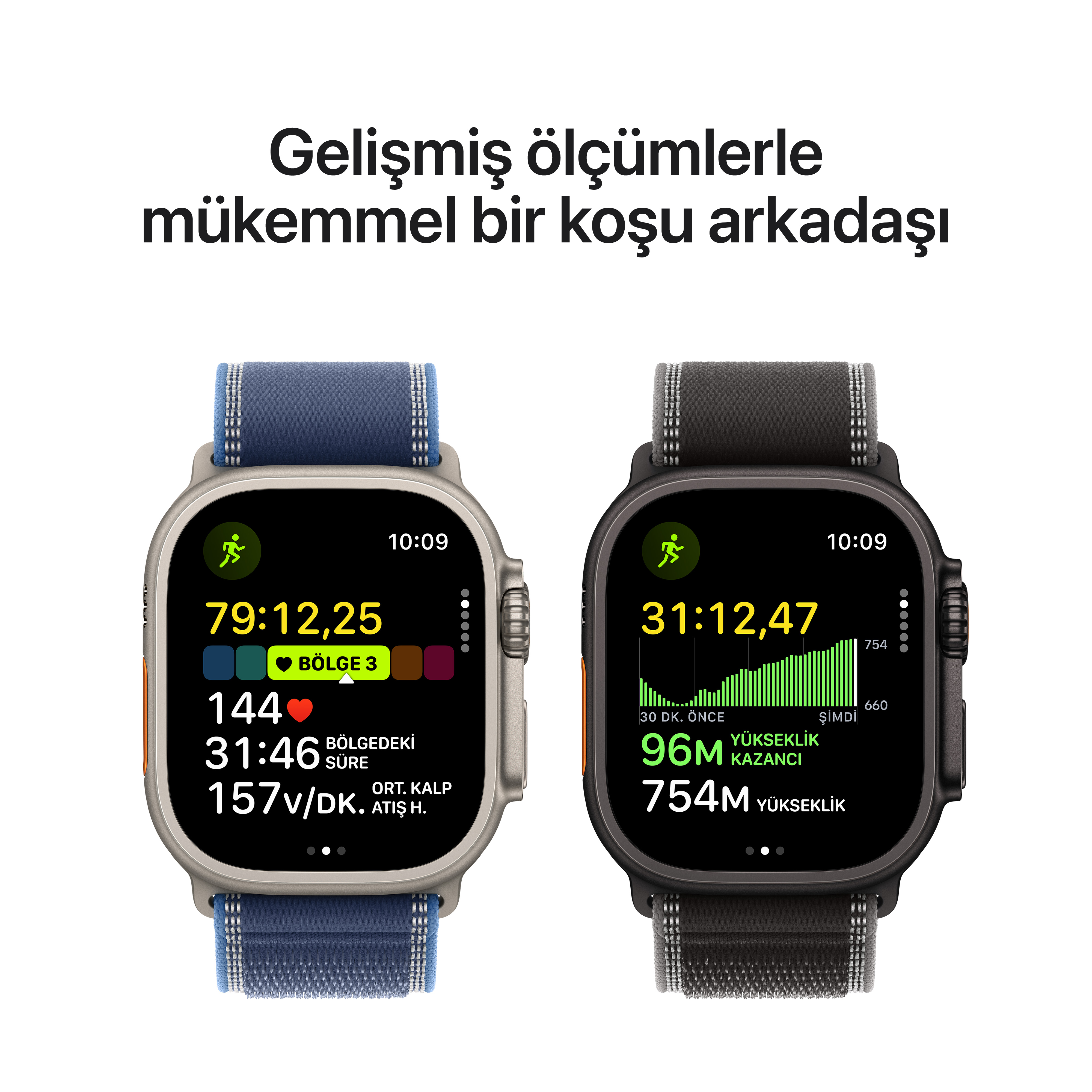 Koşu verileri olan iki akıllı saat. Biri mavi kayışlı, diğeri siyah kayışlı. Üstte Türkçe metin.