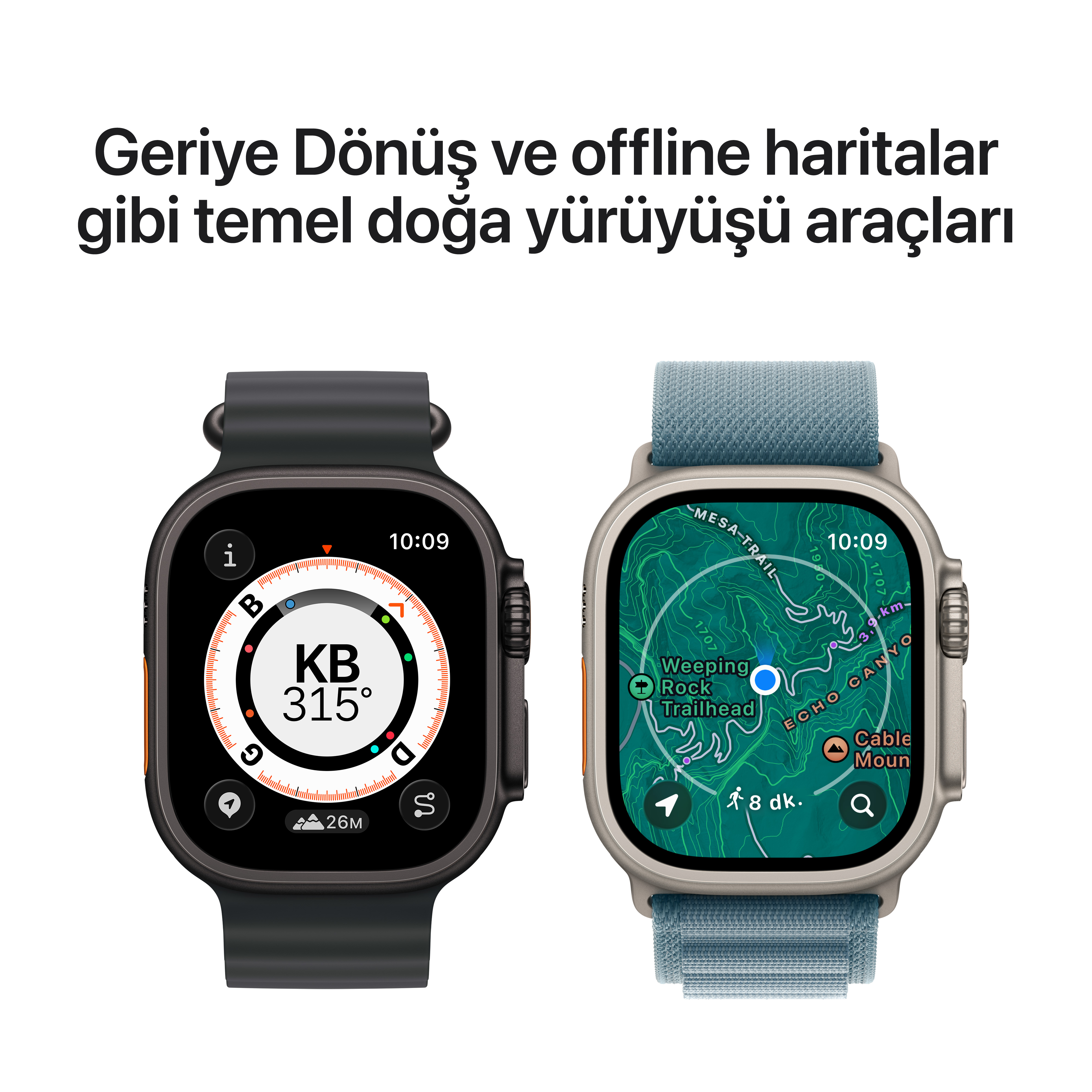 Yan yana iki akıllı saat, biri pusulalı, diğeri haritalı.
