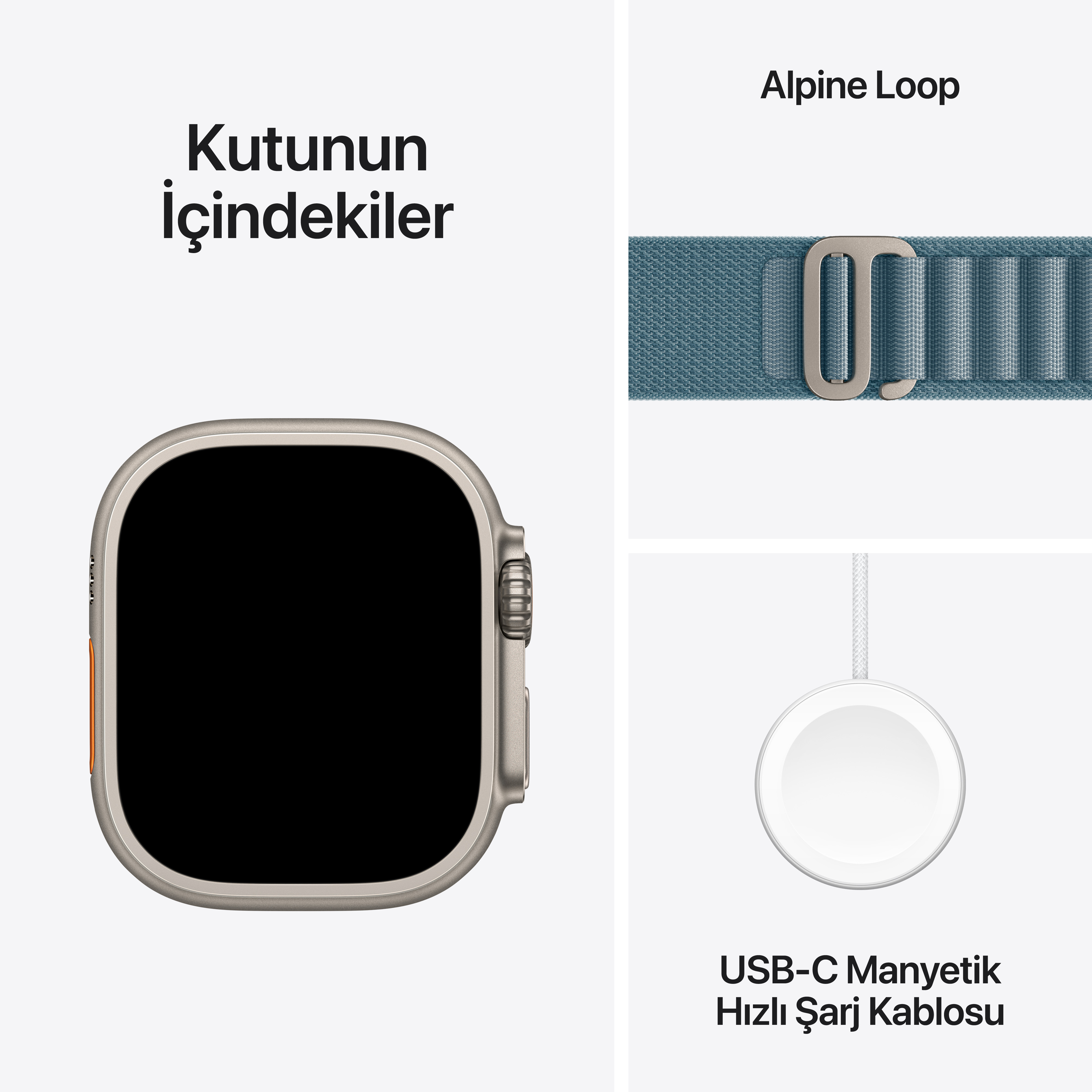 Bir Apple Watch Ultra, Alpine Loop kayış ve USB-C şarj cihazı görüntüleniyor. Metin: 'Kutuda ne var?'.