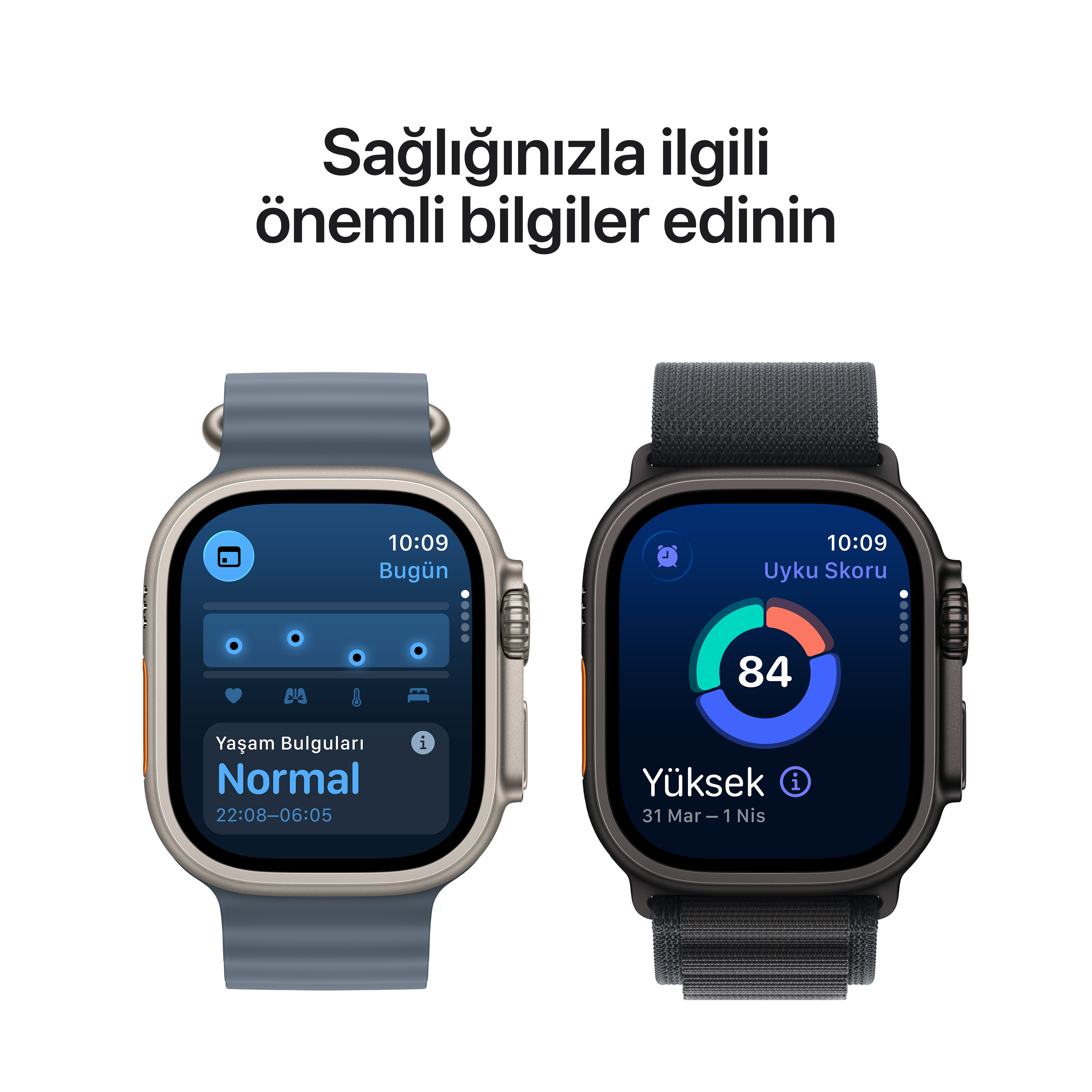 İki akıllı saat sağlık ölçümlerini gösteriyor. Biri normal hayati belirtileri, diğeri 84 uyku skoru ve yüksek uyku kalitesini gösteriyor.