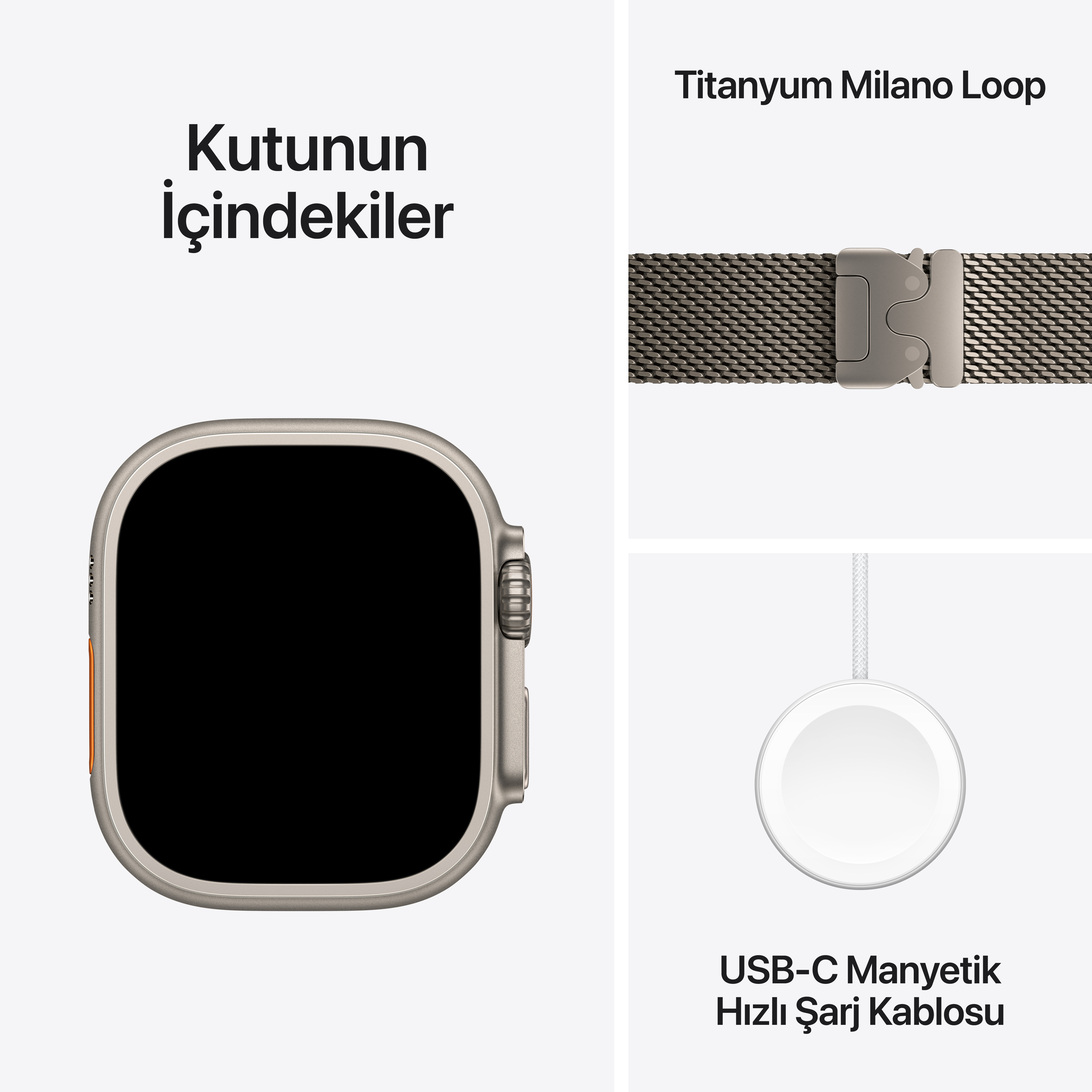 Siyah ekranlı bir Apple Watch, Milanese loop kayış ve şarj kablosu gösteriliyor.