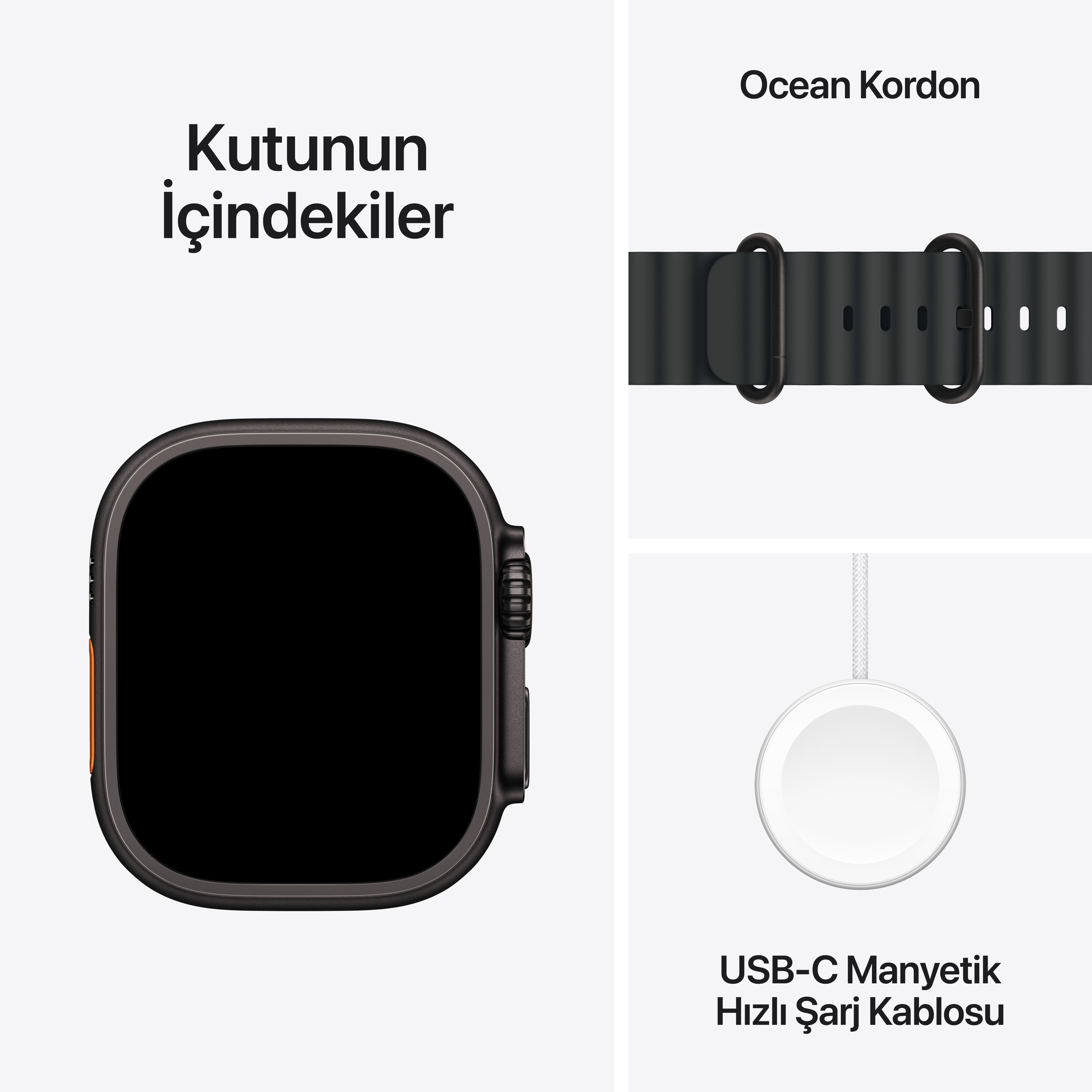 Görselde kutunun içeriği gösteriliyor: bir akıllı saat, bir okyanus bandı ve bir USB-C manyetik hızlı şarj kablosu.