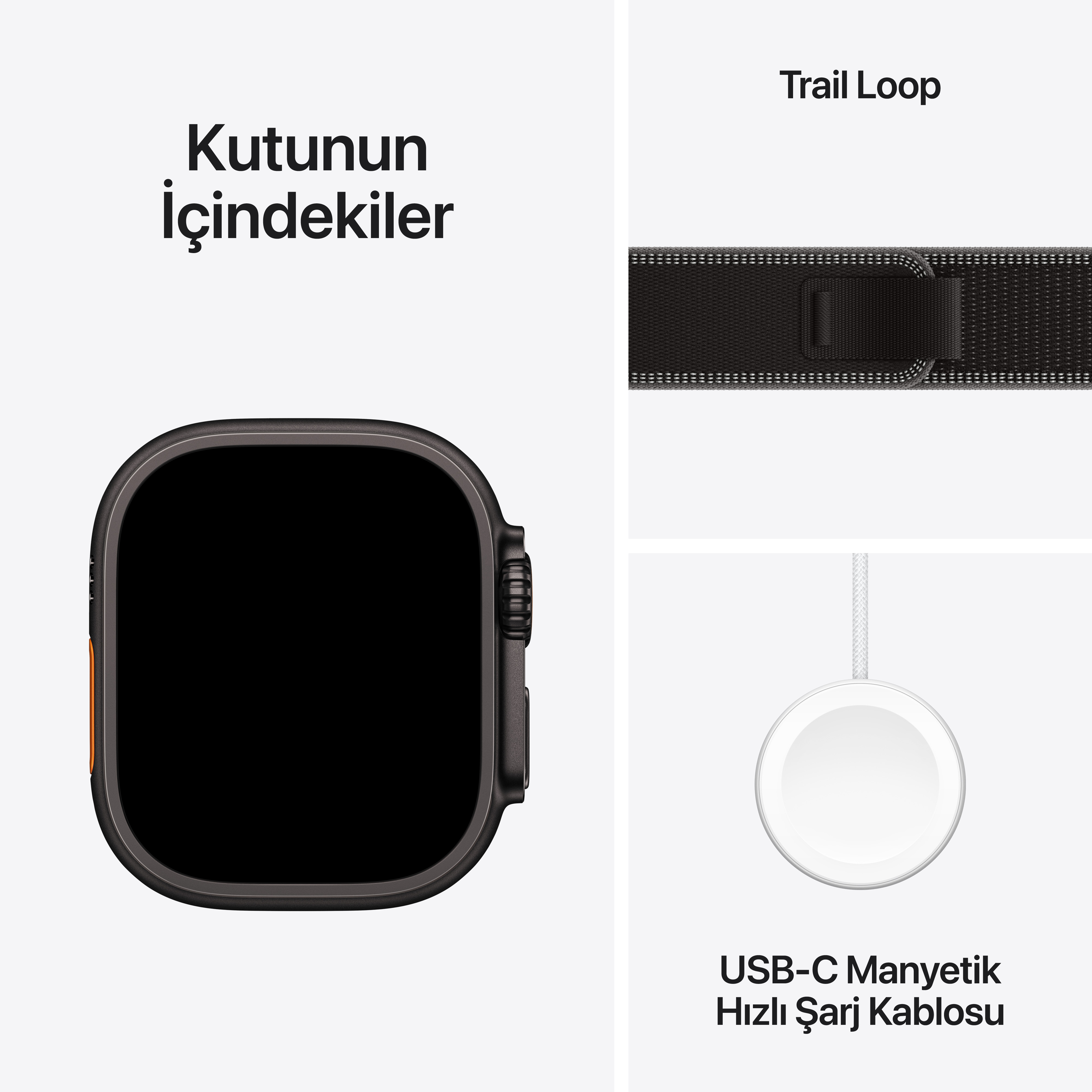 Beyaz zemin üzerinde bir Apple Watch, Trail Loop kayış ve şarj cihazı. Türkçe metin.