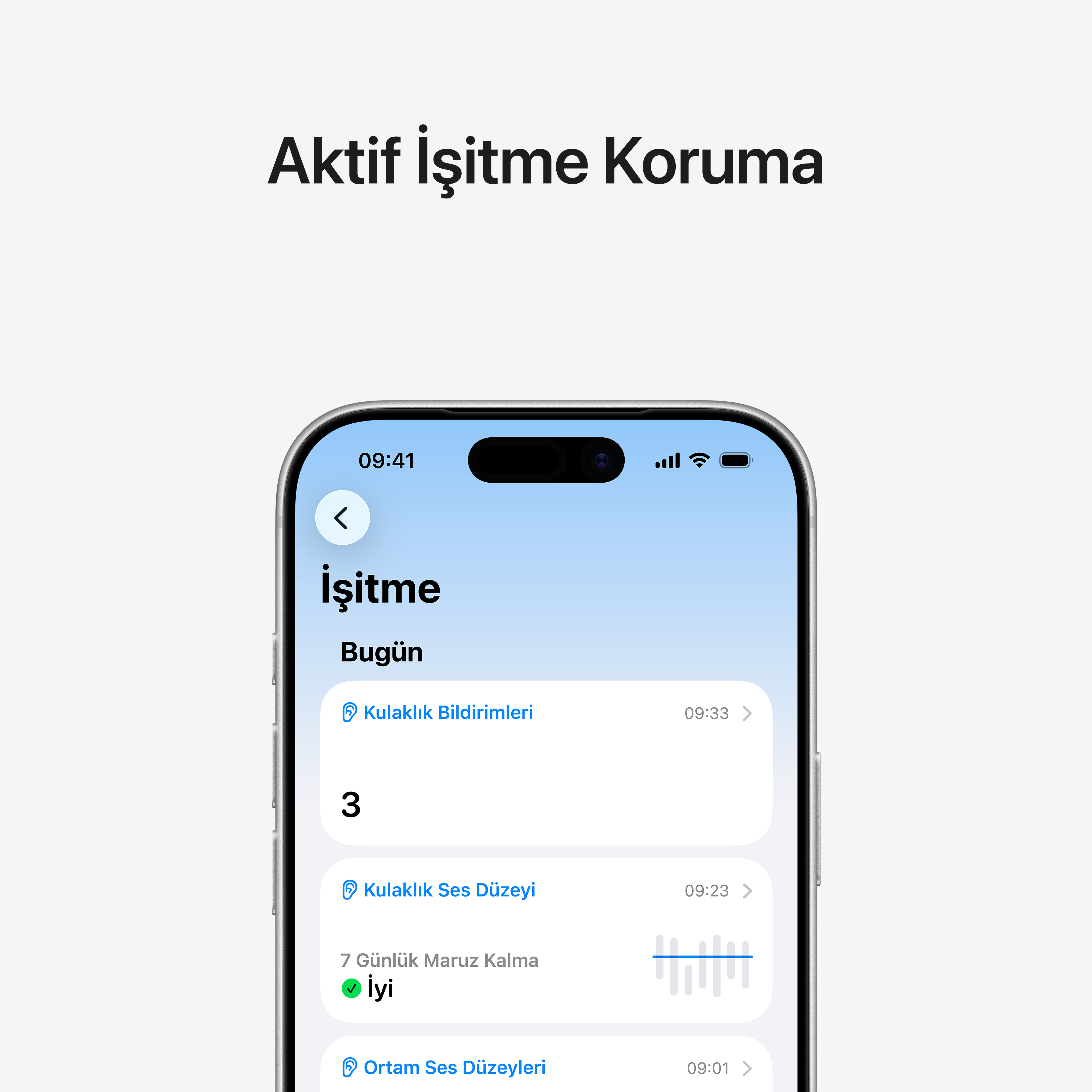 Bir akıllı telefon ekranı işitme koruma ayarlarını gösteriyor. Üstte 'Aktif İşitme Koruma' yazıyor.