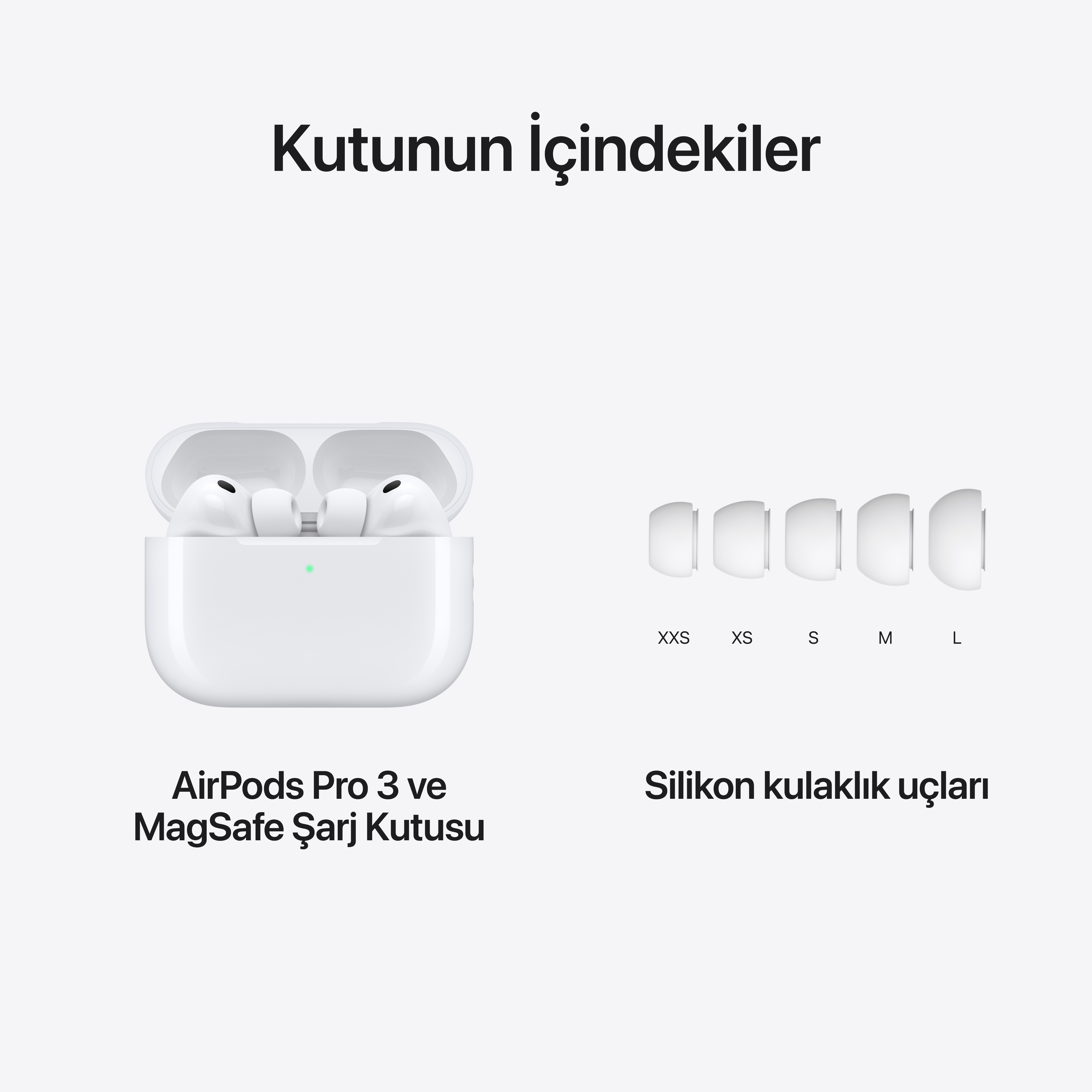 Görselde AirPods Pro 3, şarj kutusu ve silikon kulak uçları gösteriliyor. Metin 'Kutunun İçindekiler' diyor.