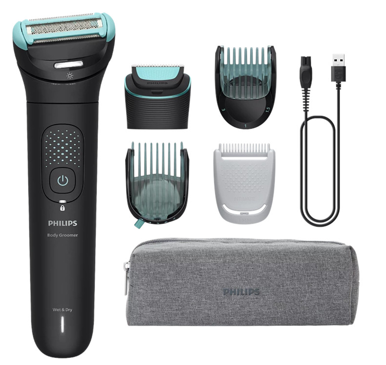 Czarny zestaw Philips Body Groomer. Zawiera trymer, wiele nasadek do przycinania, kabel ładujący i szarą torbę podróżną.