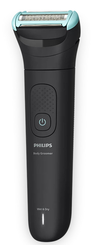 Czarny trymer do ciała Philips. Ma niebieską głowicę i przycisk zasilania. Widoczny jest tekst 'Wet & Dry'.
