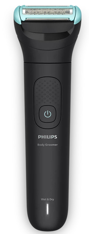 Czarny trymer do ciała Philips. Ma turkusową głowicę i przycisk zasilania. Widoczny jest napis 'Wet & Dry'.