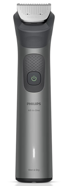 Trymer Philips All-in-One Wet & Dry. Ma srebrny korpus z czarnym przyciskiem zasilania i srebrną głowicą do przycinania.