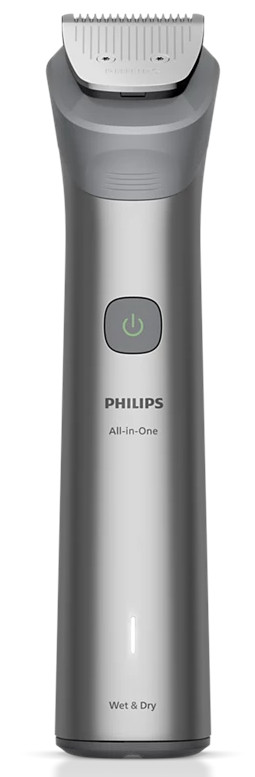 Srebrna maszynka Philips All-in-One. Ma przycisk zasilania i głowicę tnącą. Widoczne są słowa 'Wet & Dry'.