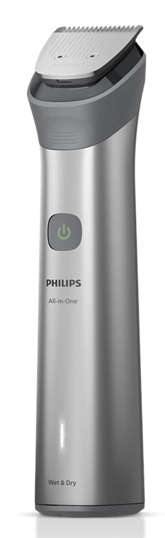 Srebrny trymer Philips All-in-One Wet & Dry. Posiada przycisk zasilania, głowicę tnącą i logo Philips.