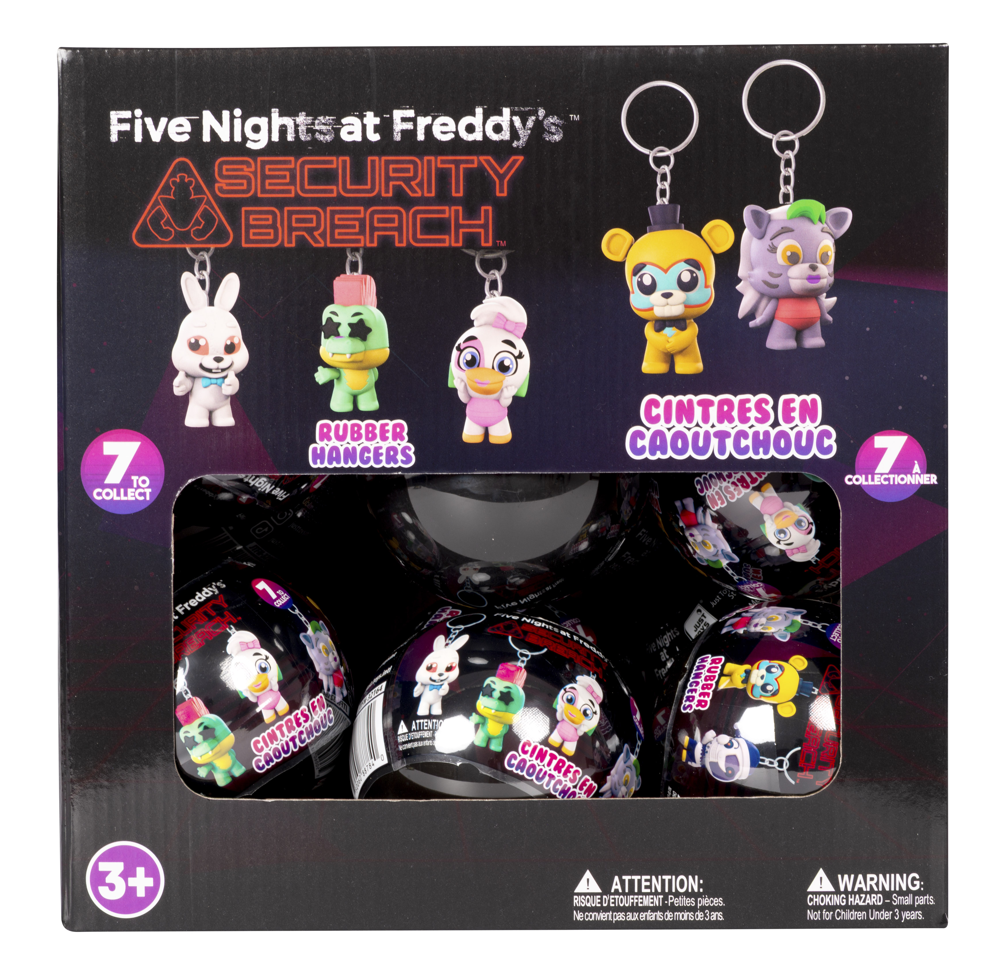 Schachtel mit Five Nights at Freddy's Schlüsselanhängern. 7 zum Sammeln. Enthält Warnhinweise und Charakterbilder.