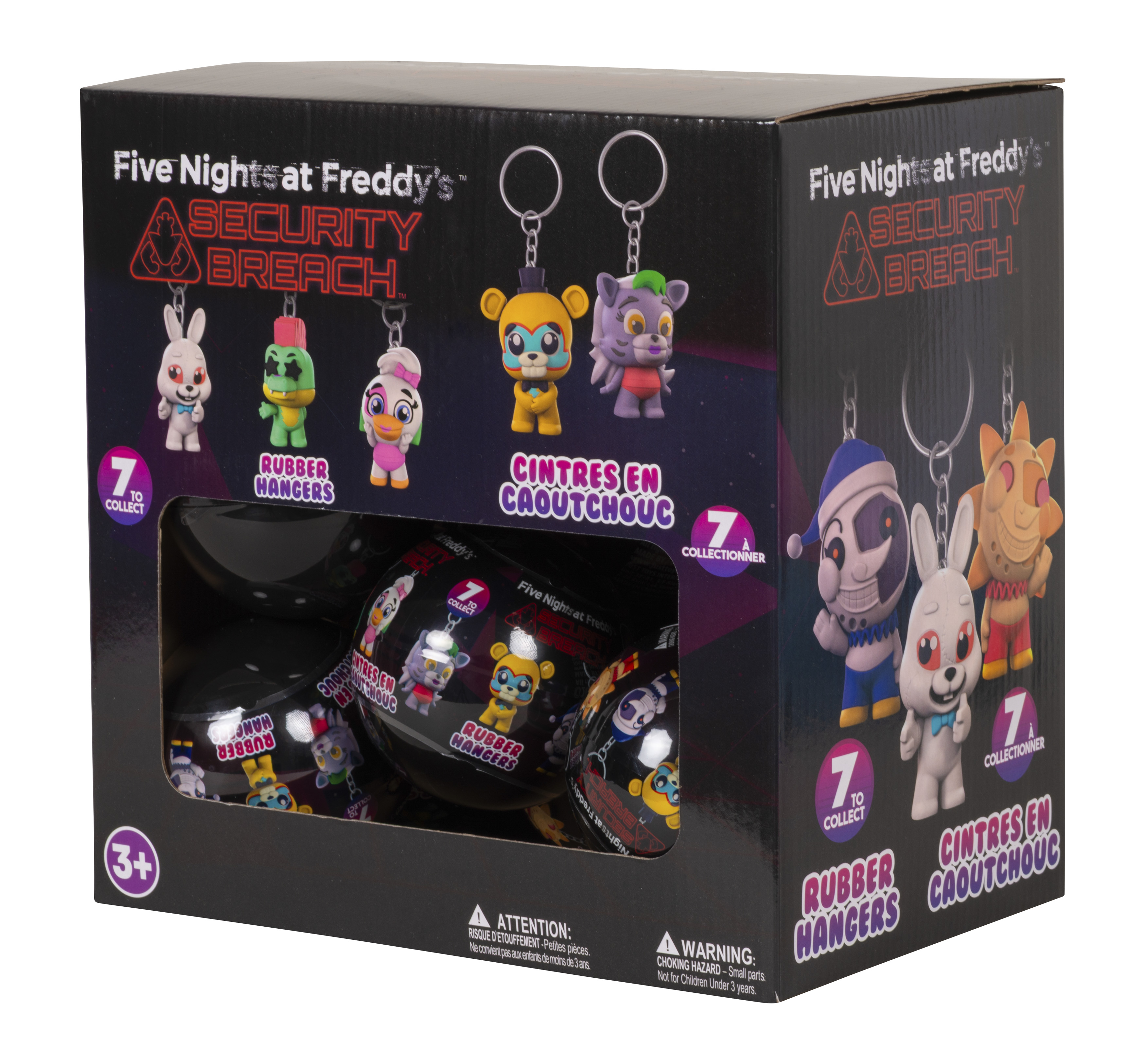 Schachtel mit Gummiaufhängern von 'Five Nights at Freddy's'. Enthält Charakter-Schlüsselanhänger und Sammel-Eier.