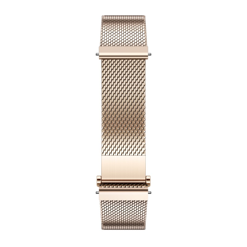 Bransoleta do zegarka w kolorze różowego złota z siateczkowym wzorem jest wyśrodkowana na białym tle. Bransoleta jest wykonana z małych, połączonych elementów.
