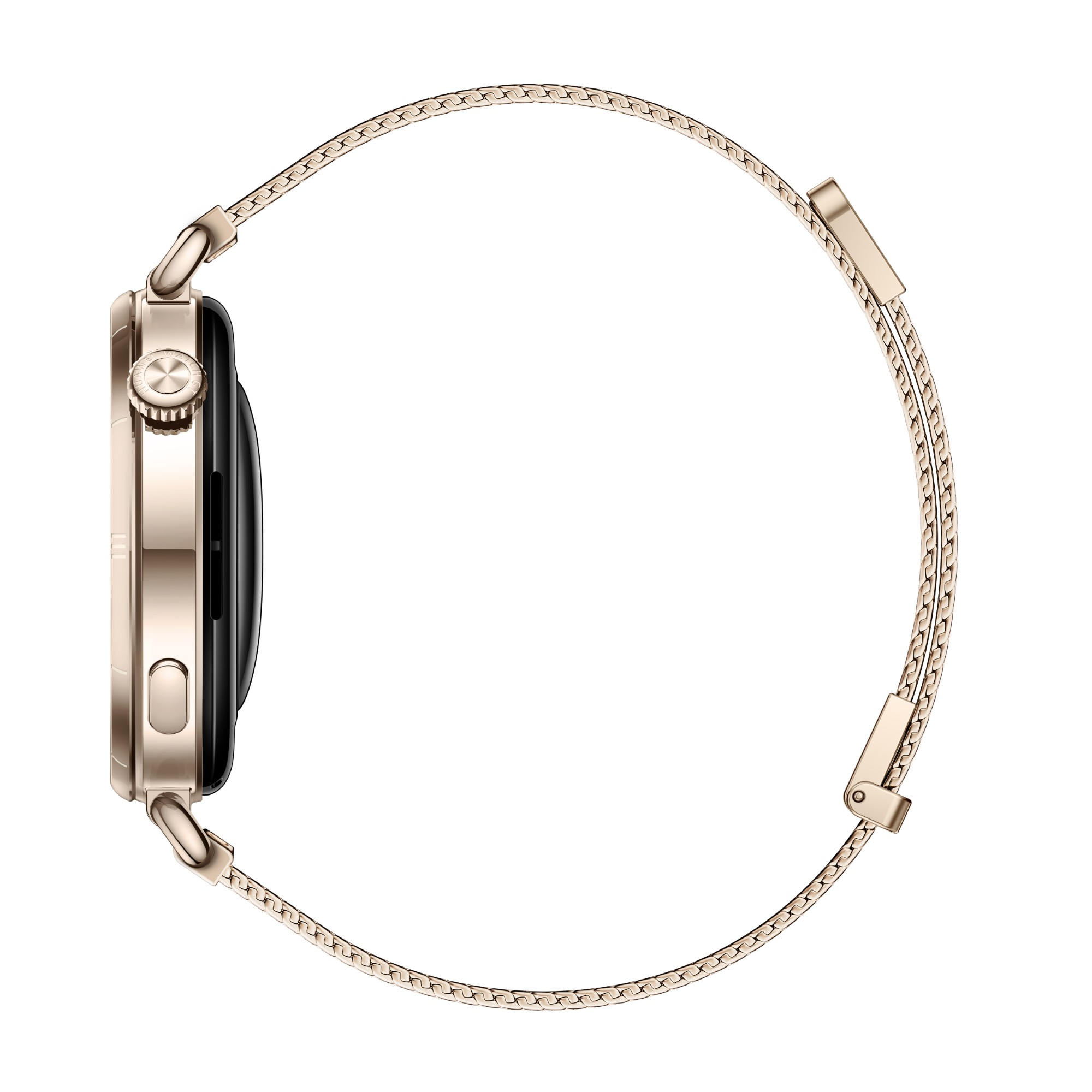 Widok z boku złotego smartwatcha z siatkowym paskiem na białym tle. Zegarek jest okrągły.