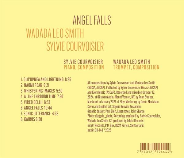 Albumcover mit Text: Angel Falls, Wadada Leo Smith, Sylvie Courvoisier. Titelliste und Credits auf gelbem Hintergrund.
