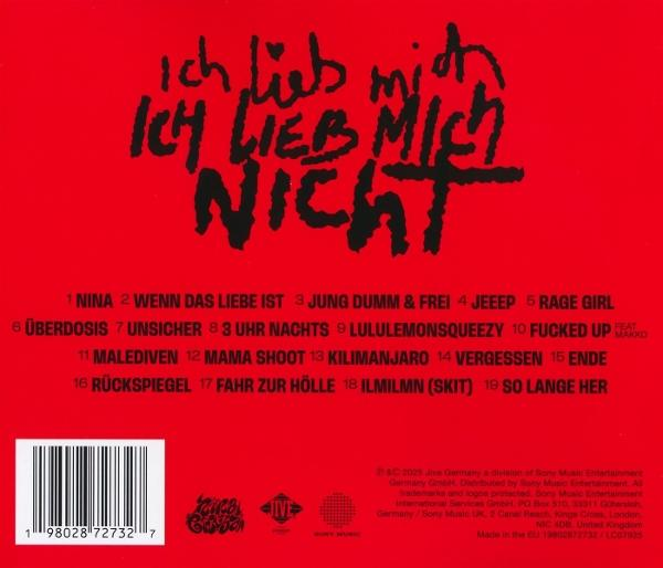 Rotes Albumcover mit schwarzem Text. Titel: Ich Lieb Mich Nicht. Trackliste unten, Barcode und Rechtstext unten.