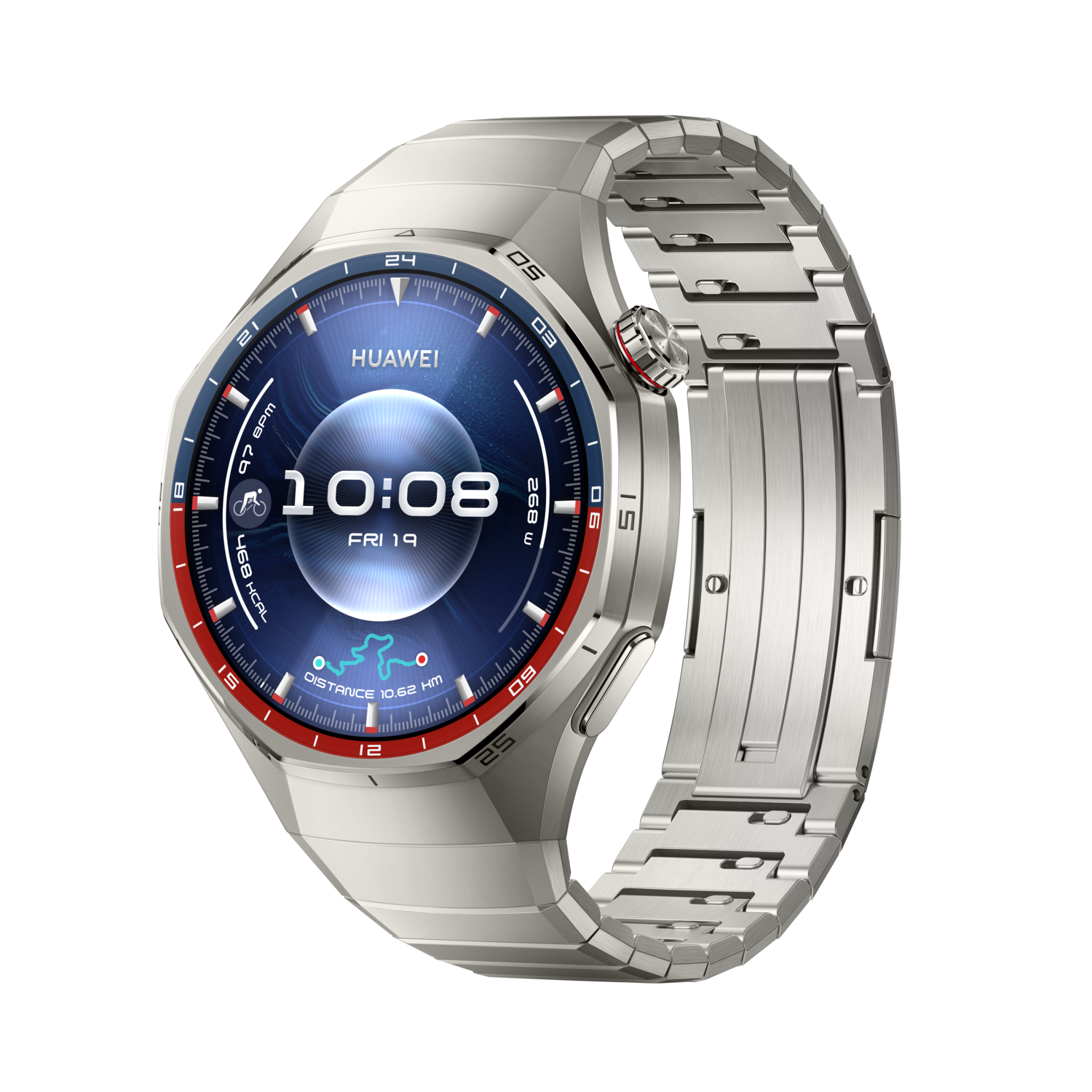 Zilveren Huawei smartwatch met blauwe en rode accenten. Toont tijd, gezondheidsgegevens en een kaart. Zwarte achtergrond.