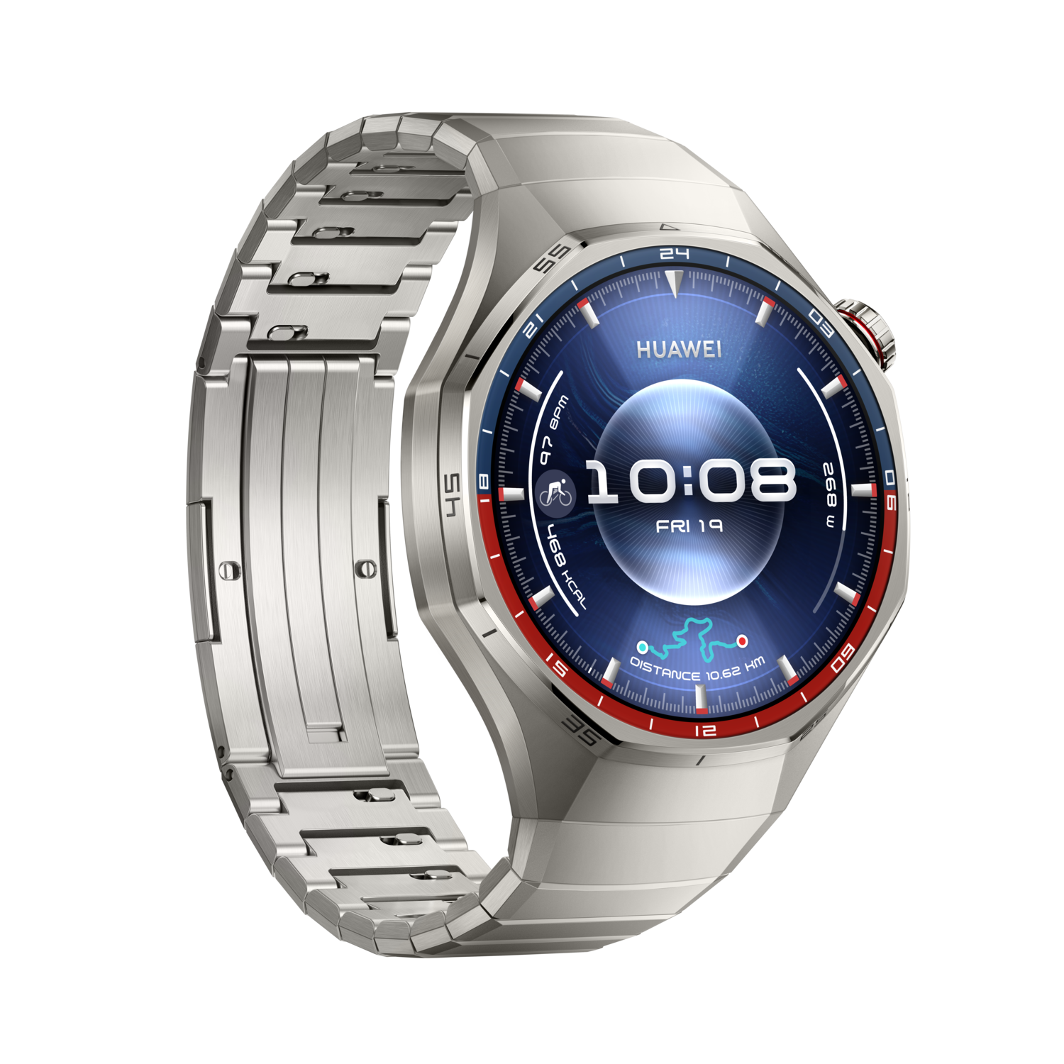 Een zilveren Huawei smartwatch toont tijd, datum en fitnessgegevens. Het horloge heeft een blauwe en rode bezel met een metalen band.