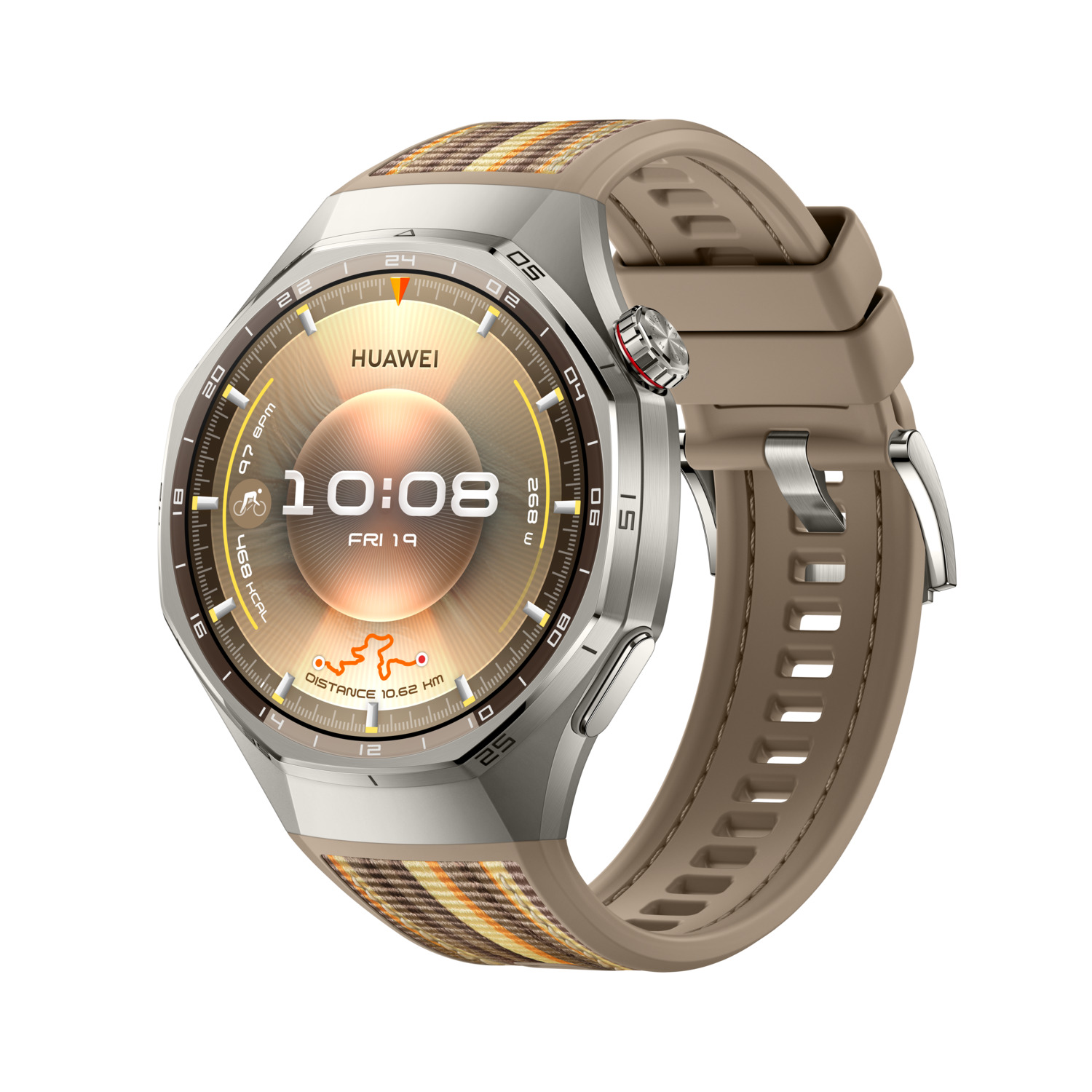 Een Huawei smartwatch met een bruine band en een metalen behuizing. De wijzerplaat toont tijd, datum en fitnessgegevens.