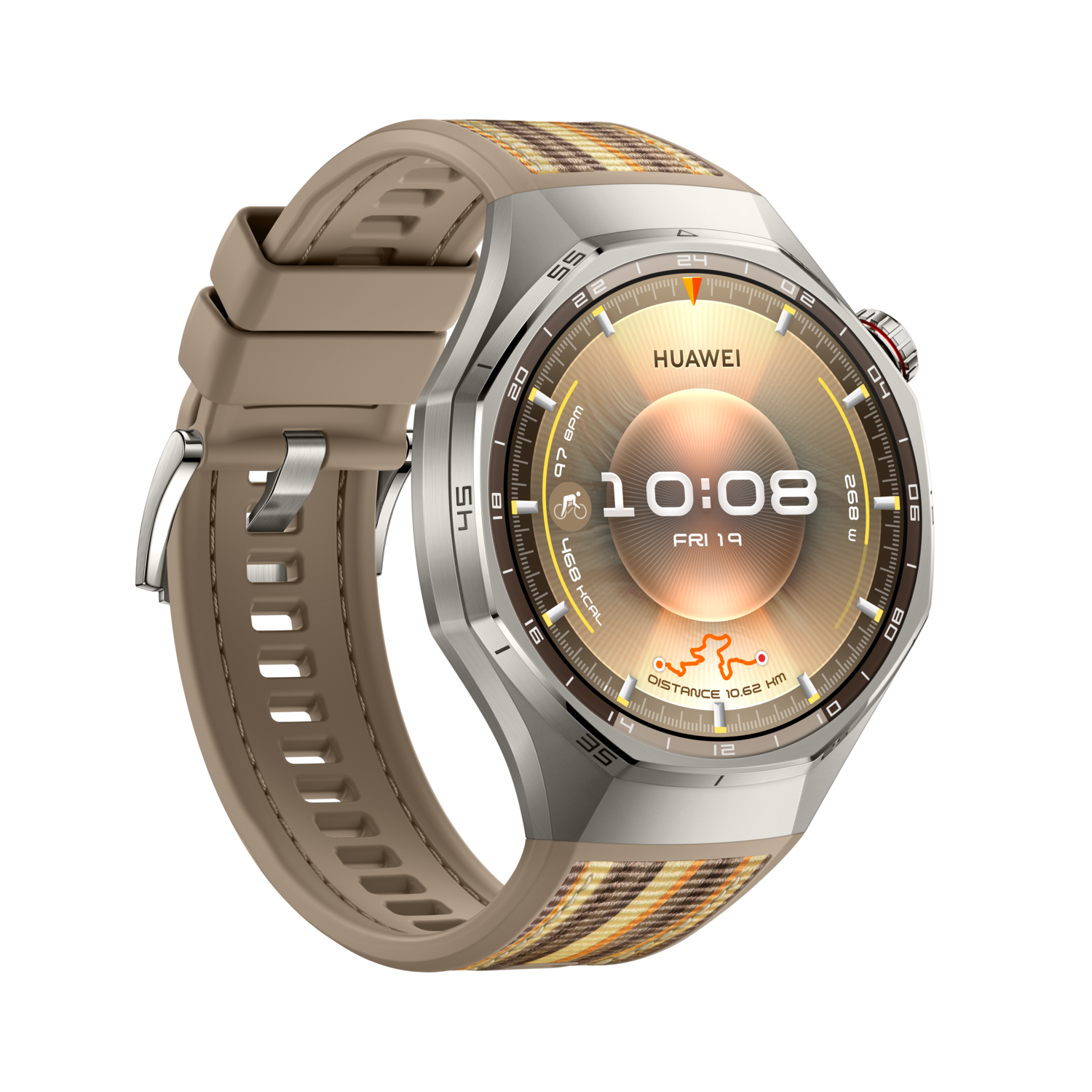 Een Huawei smartwatch met bruine band en zilveren kast. De wijzerplaat toont tijd, datum en fitnessgegevens.