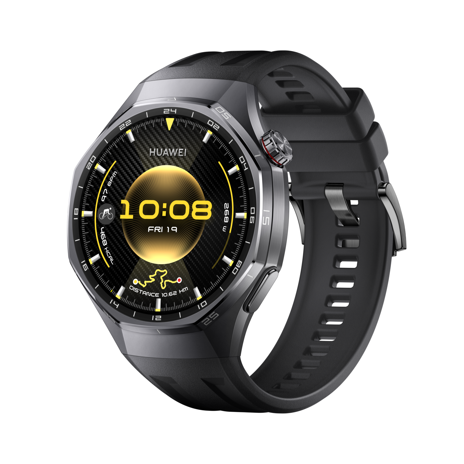 A black Huawei smartwatch displays time, date, and fitness data on a yellow and black interface with a black background.