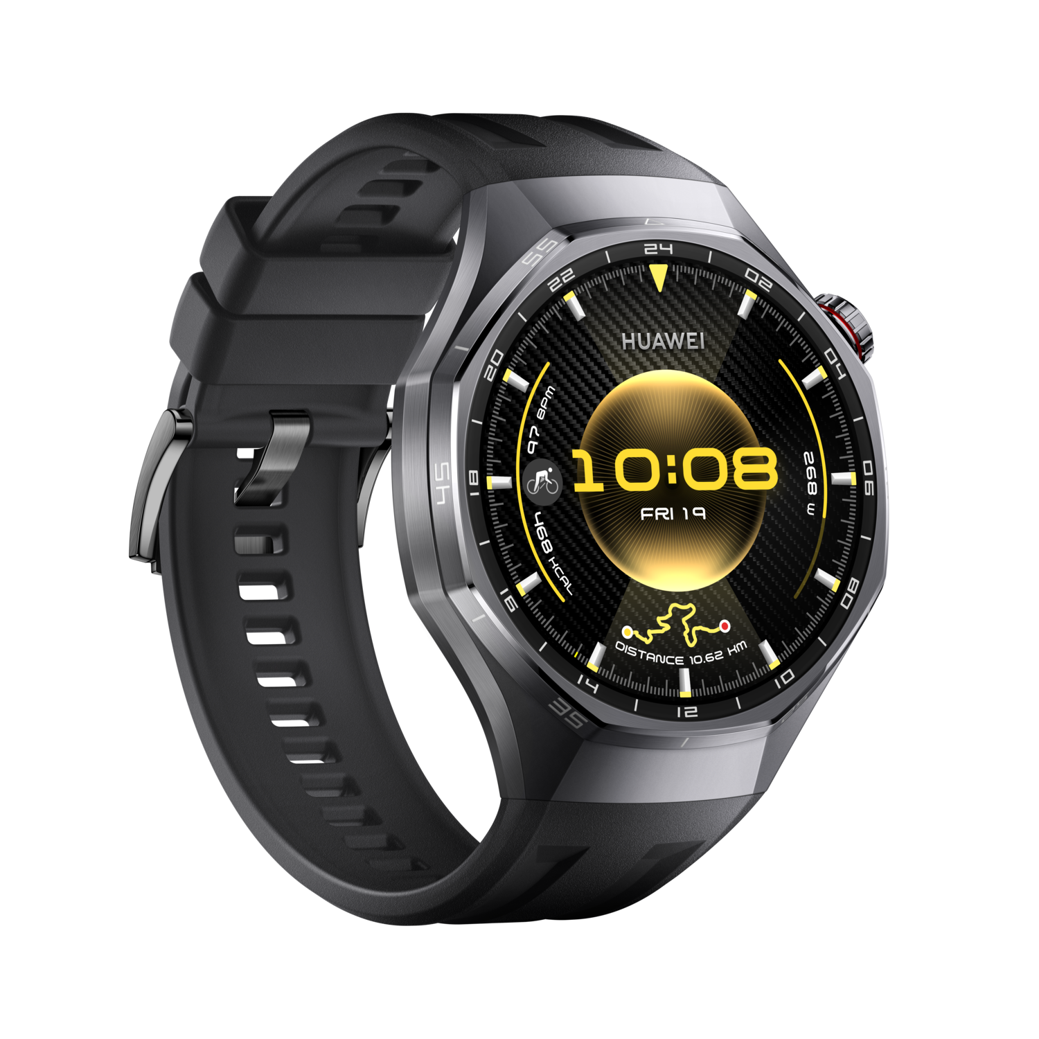 A black Huawei smartwatch displays time 10:08, date Fri 19, heart rate, and distance. The watch has a black strap and a metallic frame.
