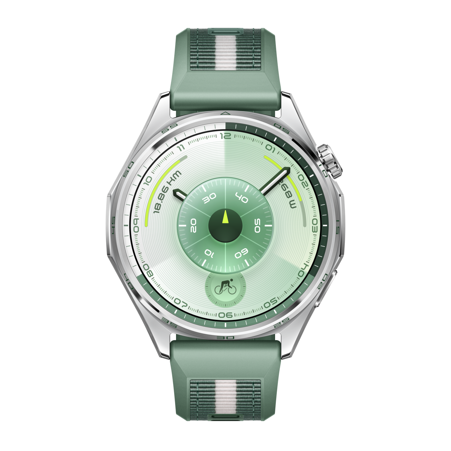 Een smartwatch met een groene band en een groen-witte wijzerplaat met tijd- en activiteitsgegevens, tegen een zwarte achtergrond.