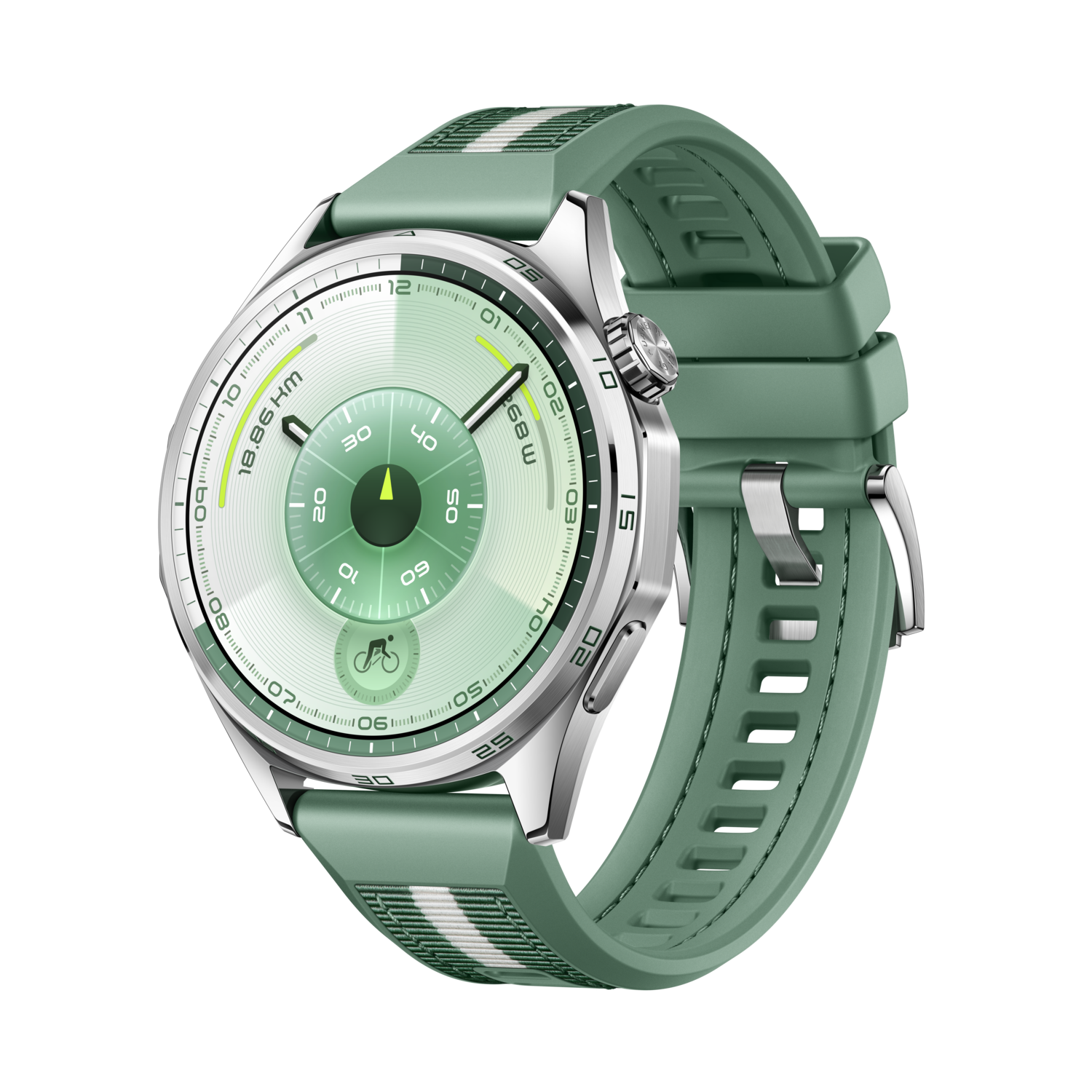 Een groene smartwatch met een ronde wijzerplaat en groene band. De wijzerplaat toont tijd en activiteitsmetingen tegen een zwarte achtergrond.