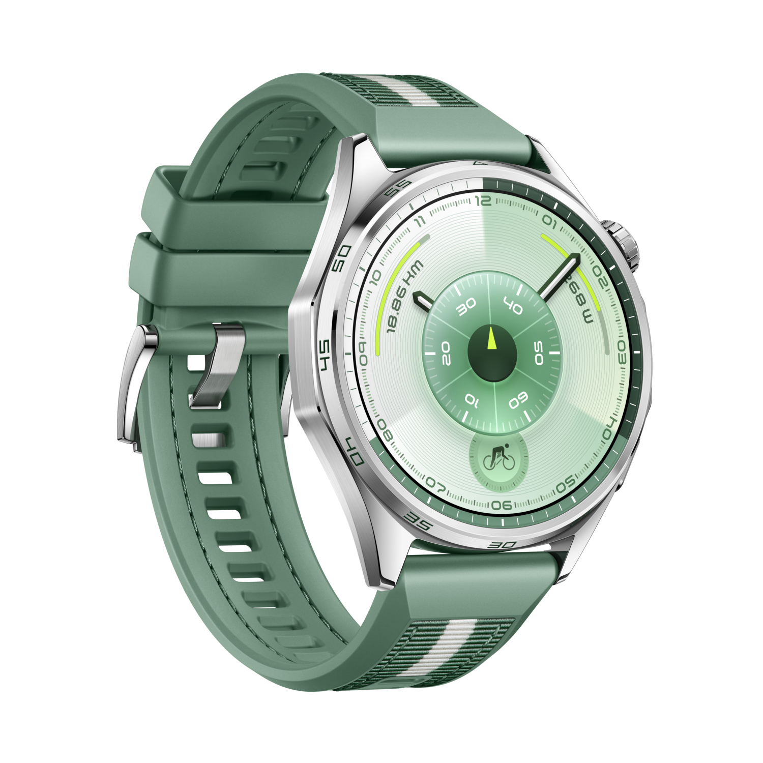 Een groene smartwatch met een zilveren rand. De wijzerplaat toont gegevens en heeft groen-witte strepen op de band.
