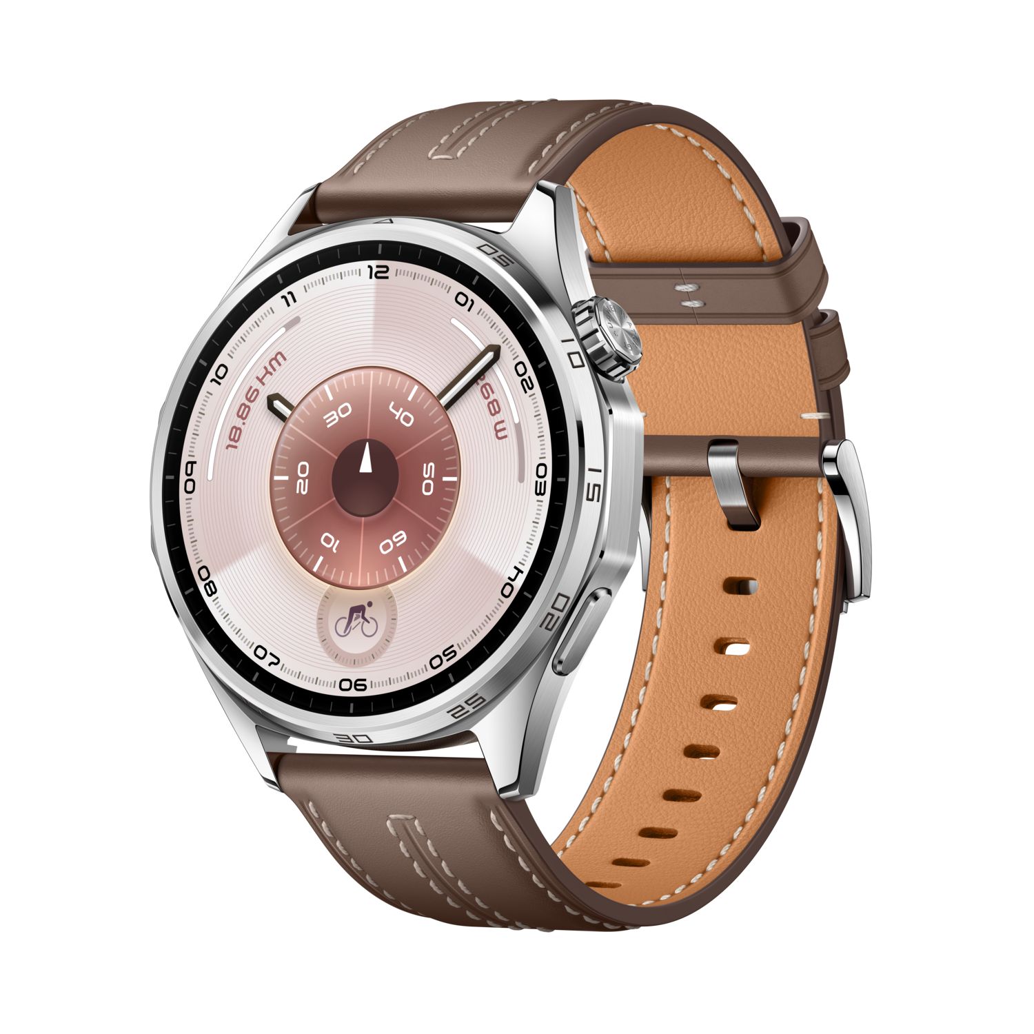 A silver smartwatch with a brown leather strap. The watch face is light brown with dark brown accents and displays data.