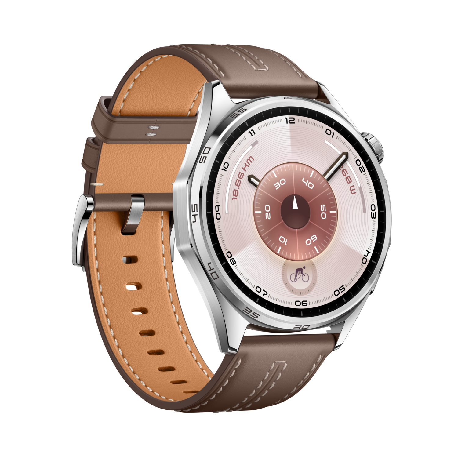 A smartwatch with a brown leather strap. The watch face is rose gold with black numerals. Silver case and buckle are visible.