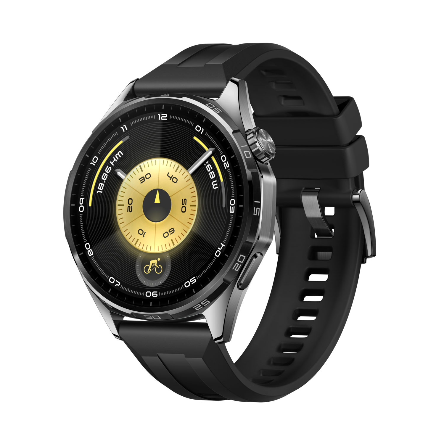 A black smartwatch with a silver bezel and a circular display showing data. The band is black and the background is black.