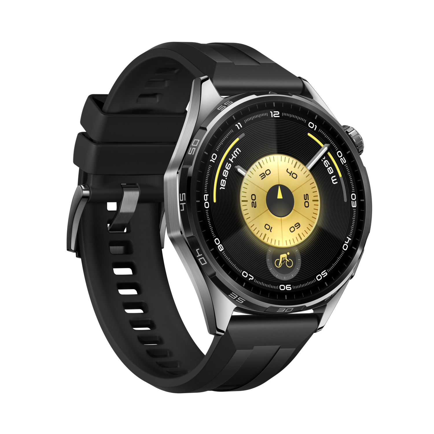 A silver and black smartwatch displays time and stats. The watch face is gold and black, with a cyclist icon.