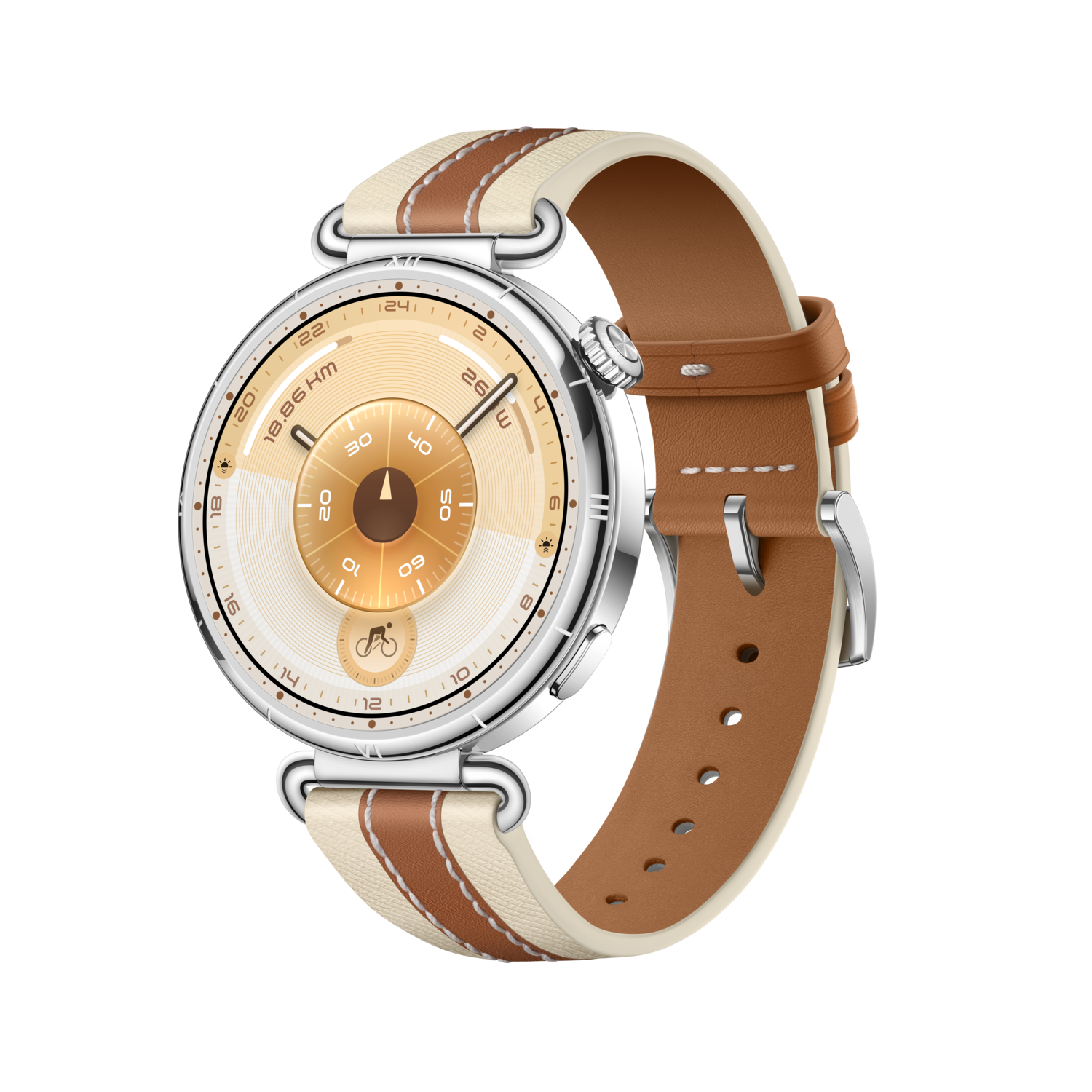 Een ronde smartwatch met een bruine lederen band. De wijzerplaat heeft een licht oranje en bruin kleurenschema. Zwarte achtergrond.